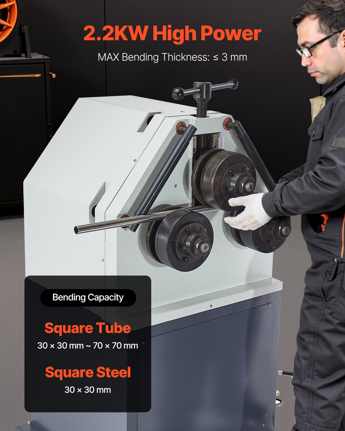 VEVOR 2.2KW Electric Roll Bending Machine, 3-Roller Electric Pipe Bender Machine with 180° Maximum Bending Angle & Reversible Foot Switch, Support Horizontal/Vertical Operation (220V 60Hz 3-Phase)