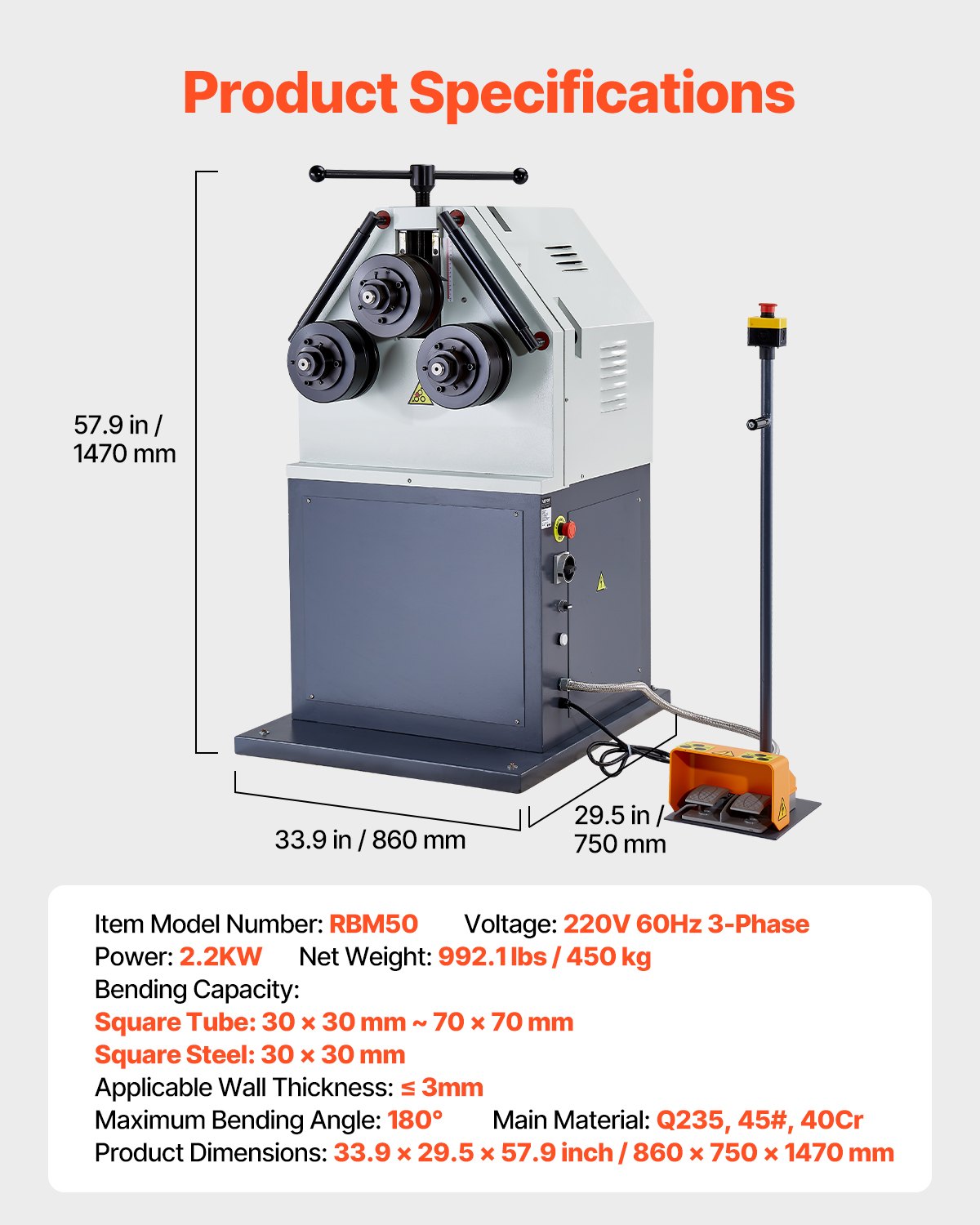 VEVOR 2.2KW Electric Roll Bending Machine, 3-Roller Electric Pipe Bender Machine with 180° Maximum Bending Angle & Reversible Foot Switch, Support Horizontal/Vertical Operation (220V 60Hz 3-Phase)