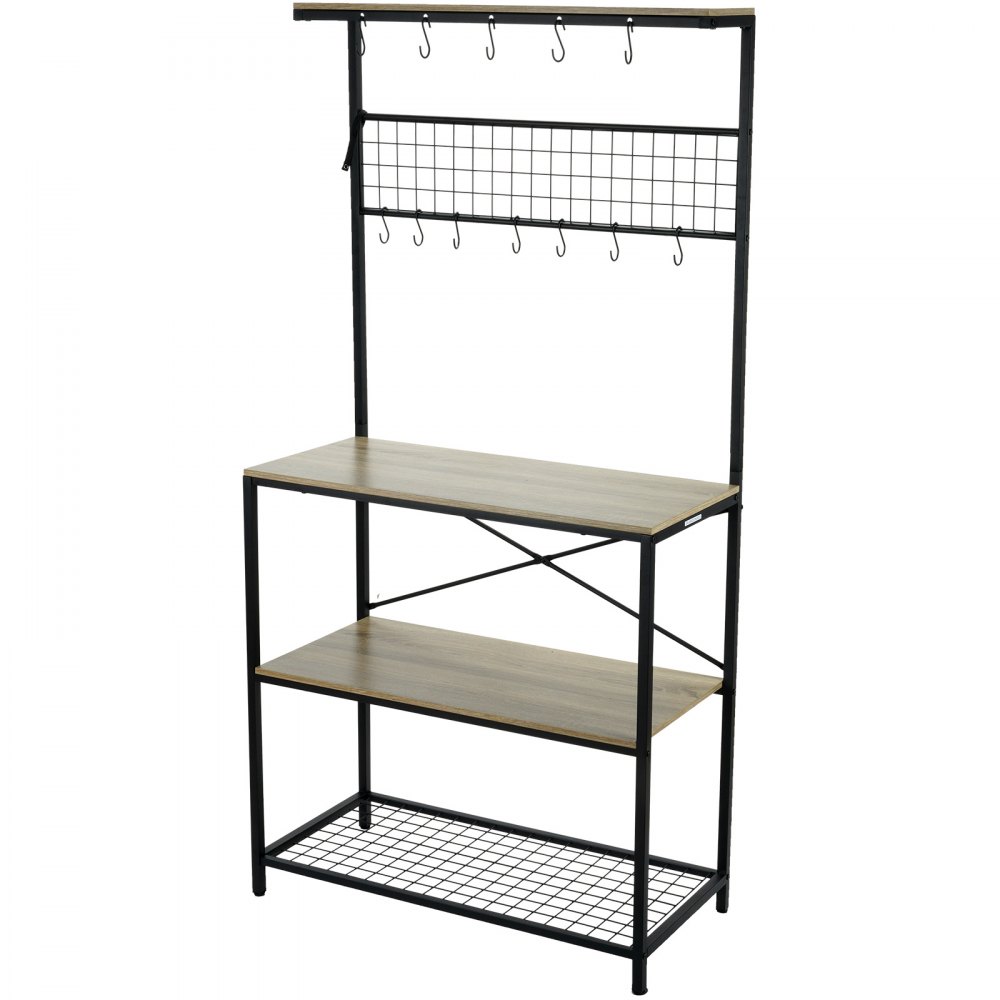 VEVOR Kitchen Baker's Rack, 4-Tier Industrial Microwave Stand with Hutch & 10 S-Shaped Hooks, Multifunctional Coffee Station Organizer with Utility Storage Shelf for Kitchen, Living Room, Oak