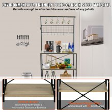 VEVOR Kitchen Baker's Rack, 4-Tier Industrial Microwave Stand with Hutch & 10 S-Shaped Hooks, Multifunctional Coffee Station Organizer with Utility Storage Shelf for Kitchen, Living Room, Oak