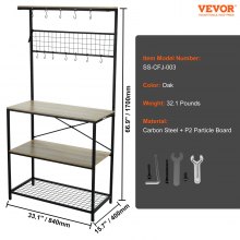 VEVOR Kitchen Baker's Rack, 4-Tier Industrial Microwave Stand with Hutch & 10 S-Shaped Hooks, Multifunctional Coffee Station Organizer with Utility Storage Shelf for Kitchen, Living Room, Oak