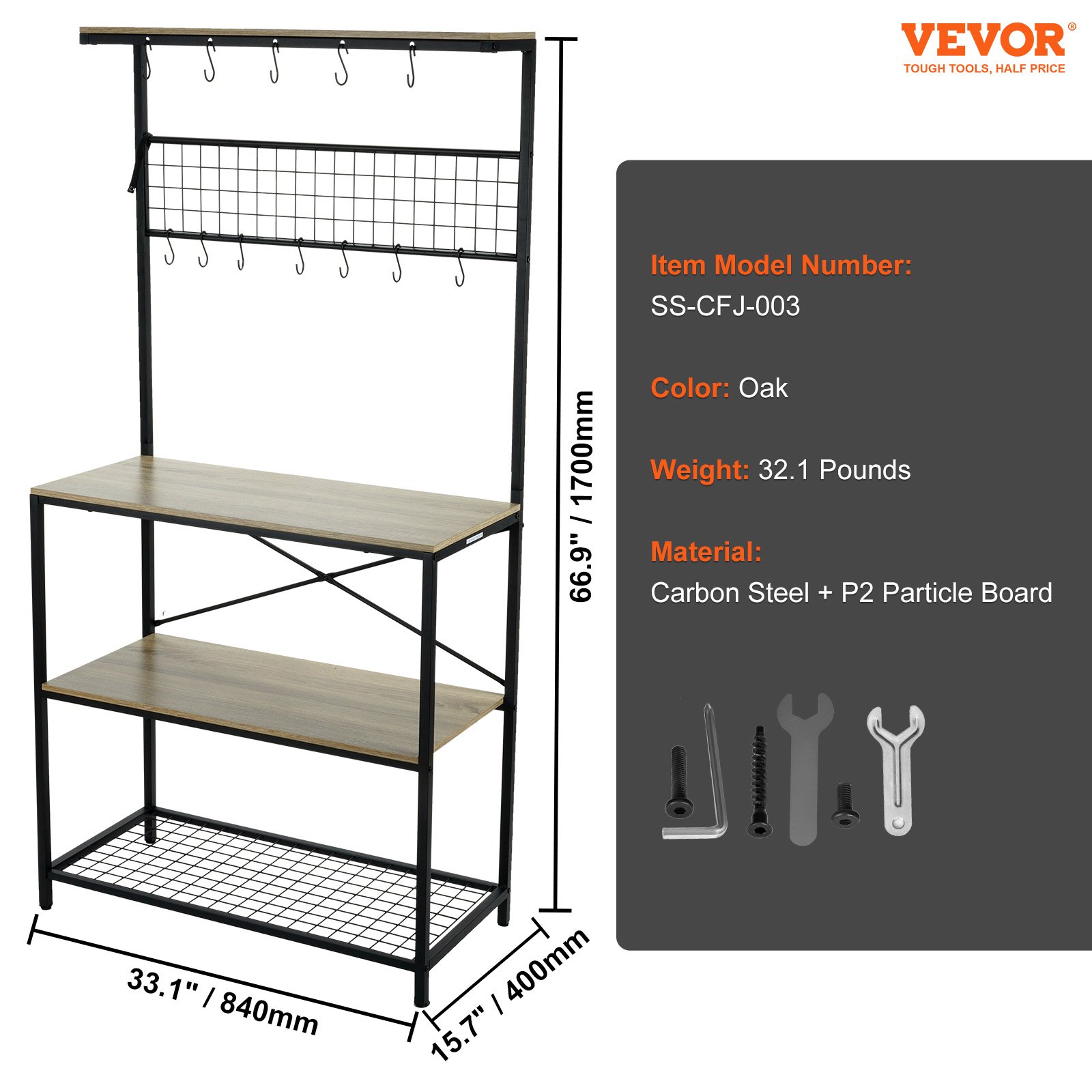 VEVOR Kitchen Baker's Rack, 4-Tier Industrial Microwave Stand with Hutch & 10 S-Shaped Hooks, Multifunctional Coffee Station Organizer with Utility Storage Shelf for Kitchen, Living Room, Oak