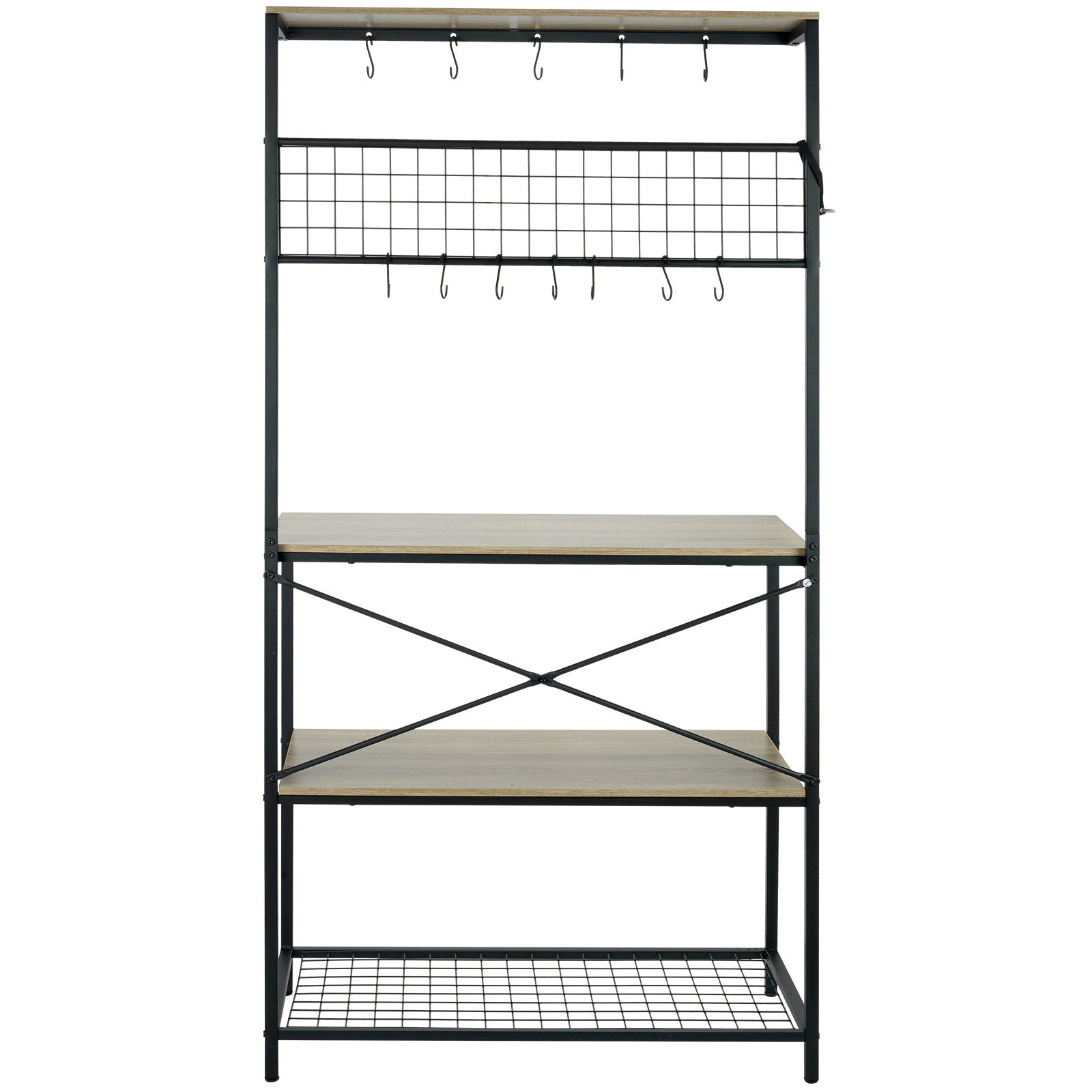 VEVOR Kitchen Baker's Rack, 4-Tier Industrial Microwave Stand with Hutch & 10 S-Shaped Hooks, Multifunctional Coffee Station Organizer with Utility Storage Shelf for Kitchen, Living Room, Oak