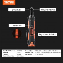 VEVOR Cordless Electric Ratchet Wrench, 3/8" Sub-Compact, 33 FT-lbs Max Torque, 45-Min Fast Charging, with 2-Pack 12V Rechargable Battery, Built-in LED Work Light, 9 Cr-V Sockets and Drive Adapter