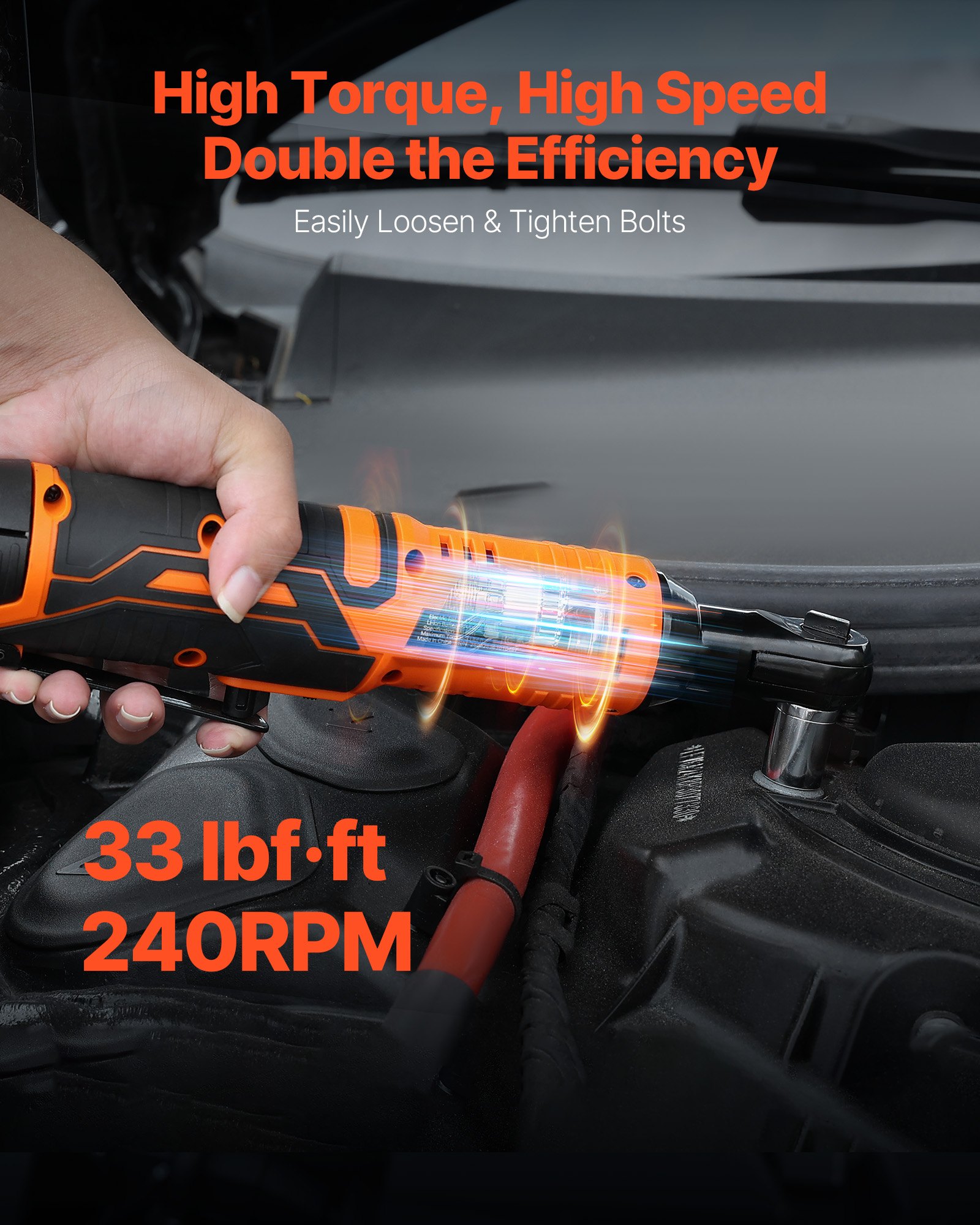 VEVOR Cordless Ratchet Wrench, 3/8 inch Drive, 240 RPM, up to 33 ft-lbs of Torque, Battery Powered Electric Ratchet Wrench Set with Two 2.0Ah Batteries, Charger, Sockets, Adaptor and Extension Bar