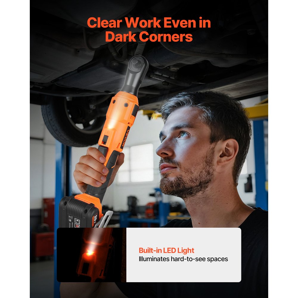 VEVOR Cordless Ratchet Wrench, 3/8 inch Drive, 230 RPM, up to 88 ft-lbs of Torque, Battery Powered Electric Ratchet Wrench Set with Two 2.0Ah Batteries, Charger, Sockets, Adaptors and Cloth Bag