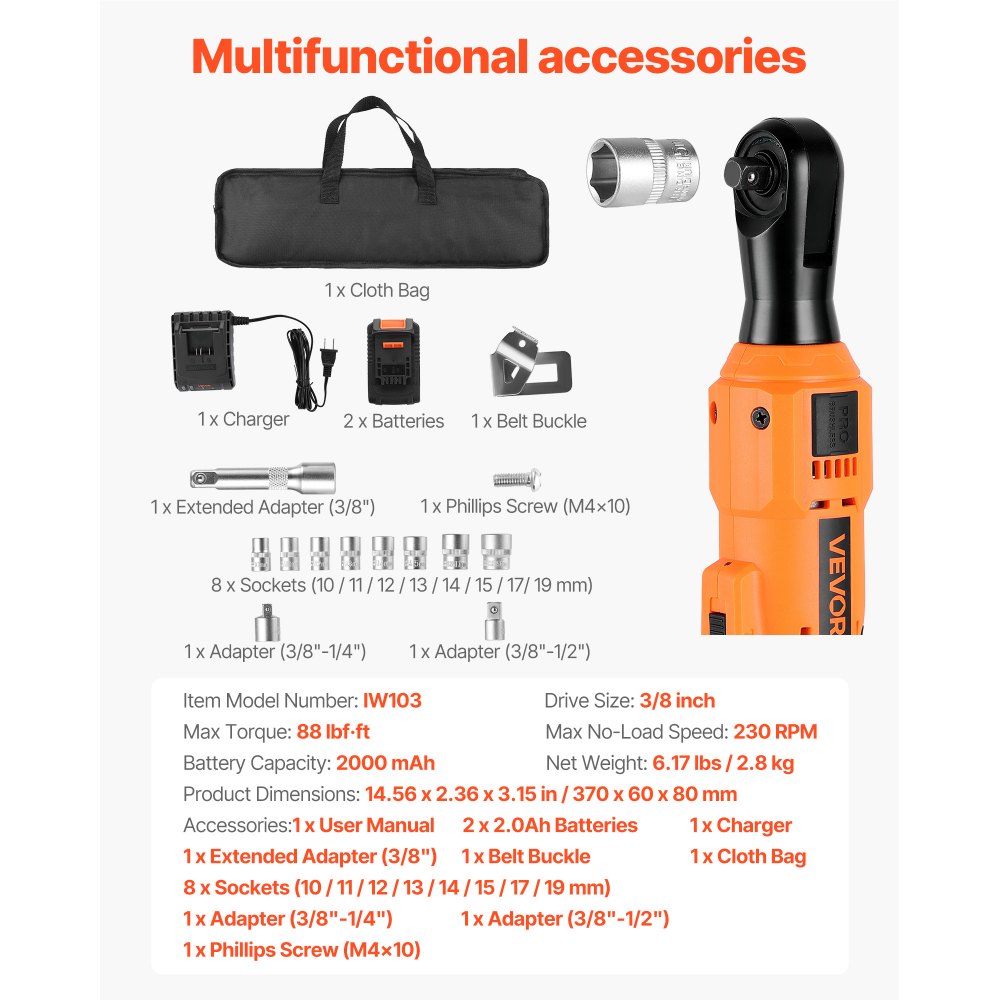 VEVOR Cordless Ratchet Wrench, 3/8 inch Drive, 230 RPM, up to 88 ft-lbs of Torque, Battery Powered Electric Ratchet Wrench Set with Two 2.0Ah Batteries, Charger, Sockets, Adaptors and Cloth Bag