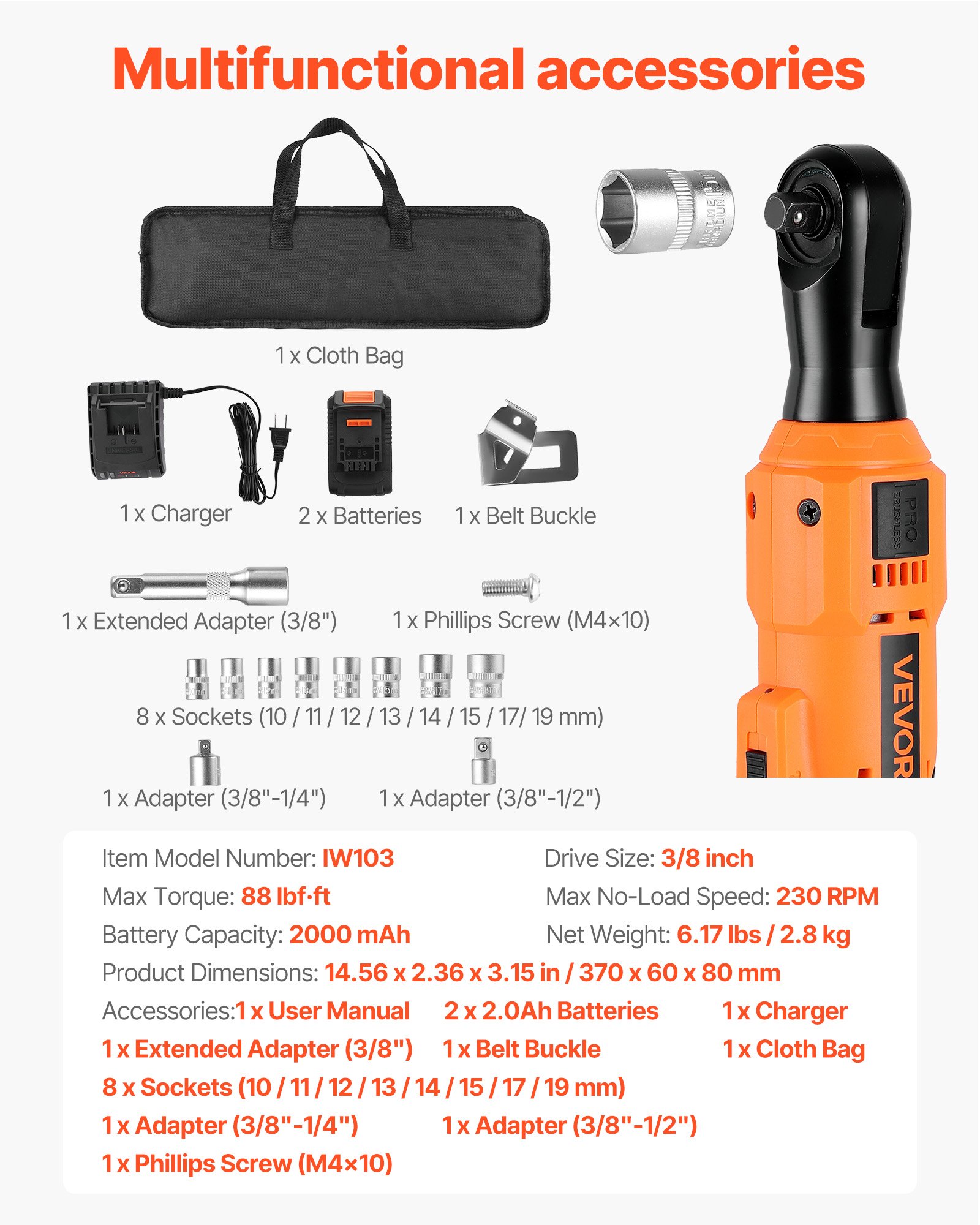VEVOR Cordless Ratchet Wrench, 3/8 inch Drive, 230 RPM, up to 88 ft-lbs of Torque, Battery Powered Electric Ratchet Wrench Set with Two 2.0Ah Batteries, Charger, Sockets, Adaptors and Cloth Bag