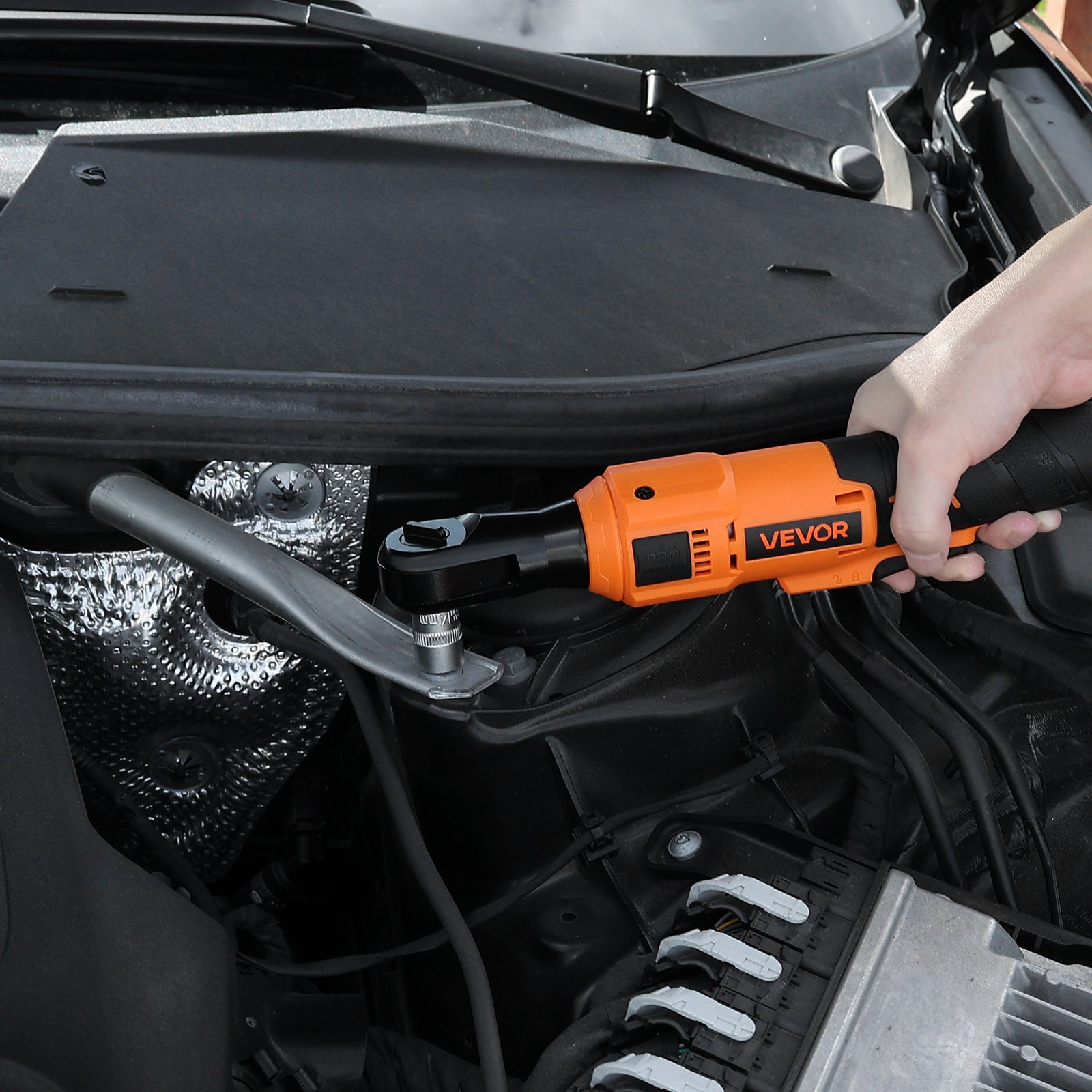 VEVOR Cordless Ratchet Wrench, 3/8 inch Drive, 230 RPM, up to 88 ft-lbs of Torque, Battery Powered Electric Ratchet Wrench Set with Two 2.0Ah Batteries, Charger, Sockets, Adaptors and Cloth Bag