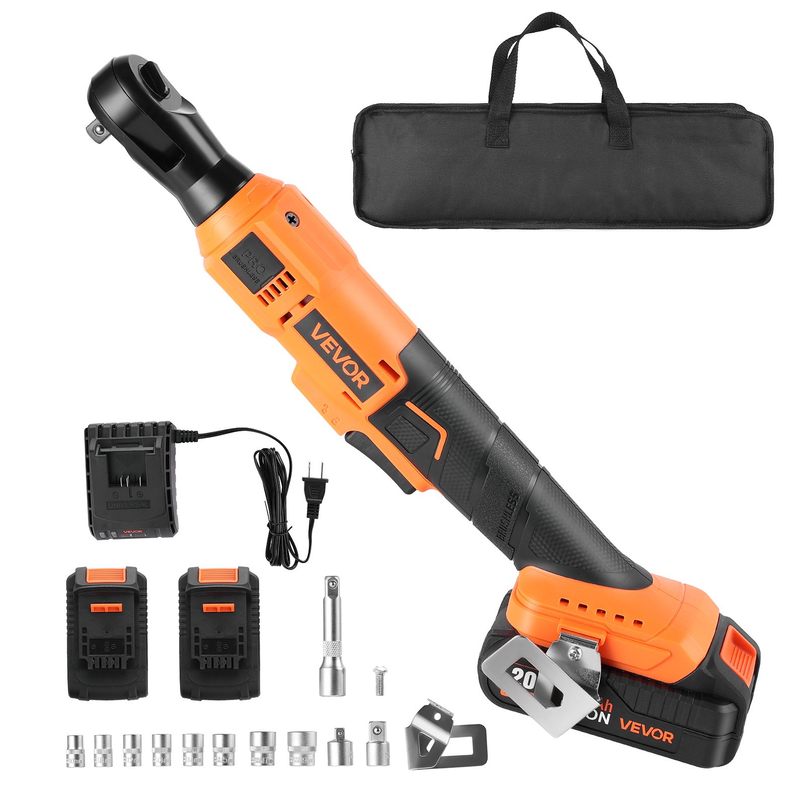 VEVOR Cordless Ratchet Wrench, 3/8 inch Drive, 230 RPM, up to 88 ft-lbs of Torque, Battery Powered Electric Ratchet Wrench Set with Two 2.0Ah Batteries, Charger, Sockets, Adaptors and Cloth Bag