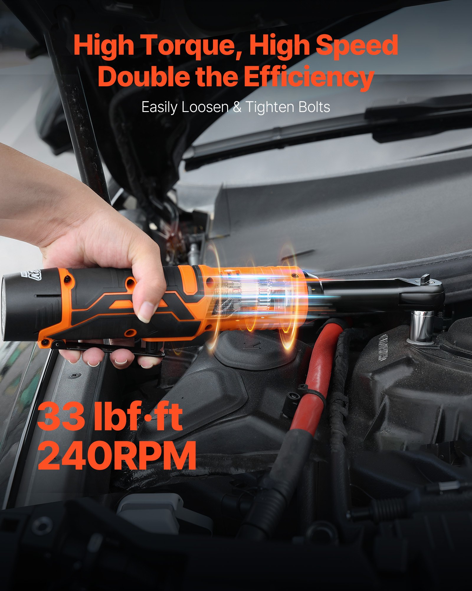 VEVOR Cordless Ratchet Wrench, 3/8 inch Drive, 240 RPM, up to 33 ft-lbs of Torque, Extended Battery Powered Electric Ratchet Wrench Set with Two Batteries, Charger, Sockets, Adaptor and Extension Bar