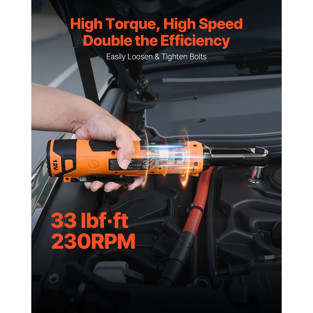 VEVOR Cordless Ratchet Wrench, 3/8 inch Drive, 230 RPM, up to 33 ft-lbs of Torque, Battery Powered Electric Ratchet Wrench Set with Two 2.0Ah Batteries, Charger, Sockets, Adaptor and Carrying Case