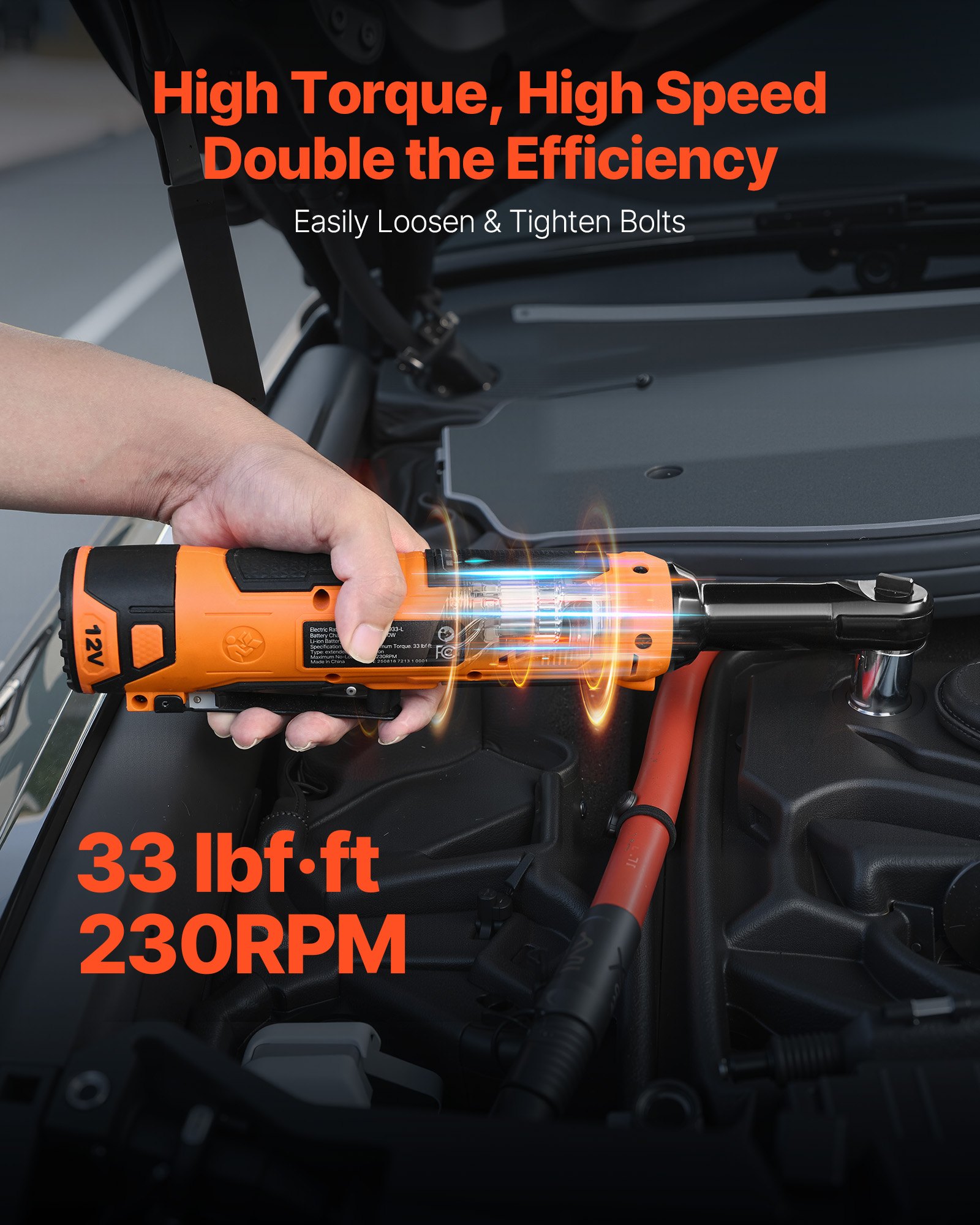 VEVOR Cordless Ratchet Wrench, 3/8 inch Drive, 230 RPM, up to 33 ft-lbs of Torque, Battery Powered Electric Ratchet Wrench Set with Two 2.0Ah Batteries, Charger, Sockets, Adaptor and Carrying Case