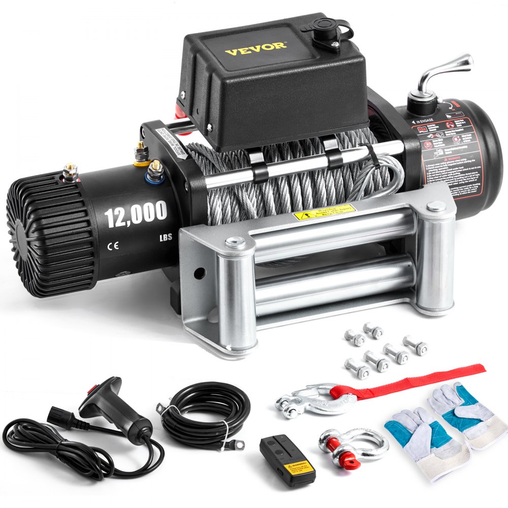VEVOR truck winch 12000 lbs with accessories, including control, gloves, and cables.