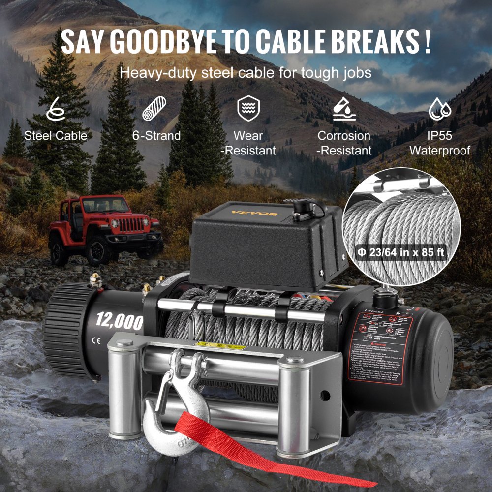 VEVOR Electric Winch, 12,000 lb, 12V DC Truck Winch with Φ0.36 in x 85 ft Steel Cable Roller Fairlead Wireless & Wired Remote Control, IP55 Waterproof for Towing Off-Road SUV Jeep Truck Trailer Boat
