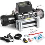 VEVOR truck winch 12000 lbs with accessories, including control, gloves, and cables.