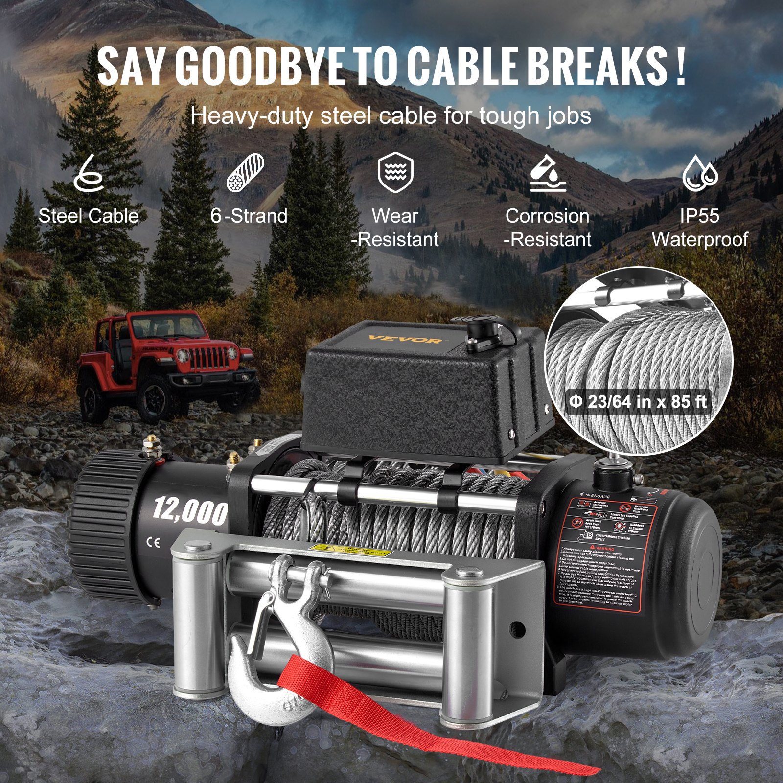 VEVOR Electric Winch, 12,000 lb, 12V DC Truck Winch with Φ0.36 in x 85 ft Steel Cable Roller Fairlead Wireless & Wired Remote Control, IP55 Waterproof for Towing Off-Road SUV Jeep Truck Trailer Boat