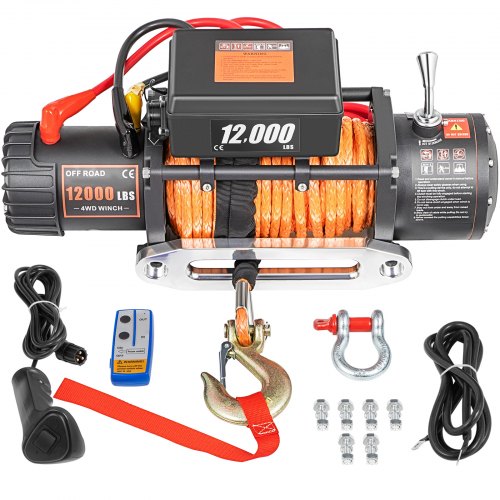 VEVOR 12V Electric Winch 12000 LBS Synthetic Rope 9MM X 24M Orange ATV/UTV Winch