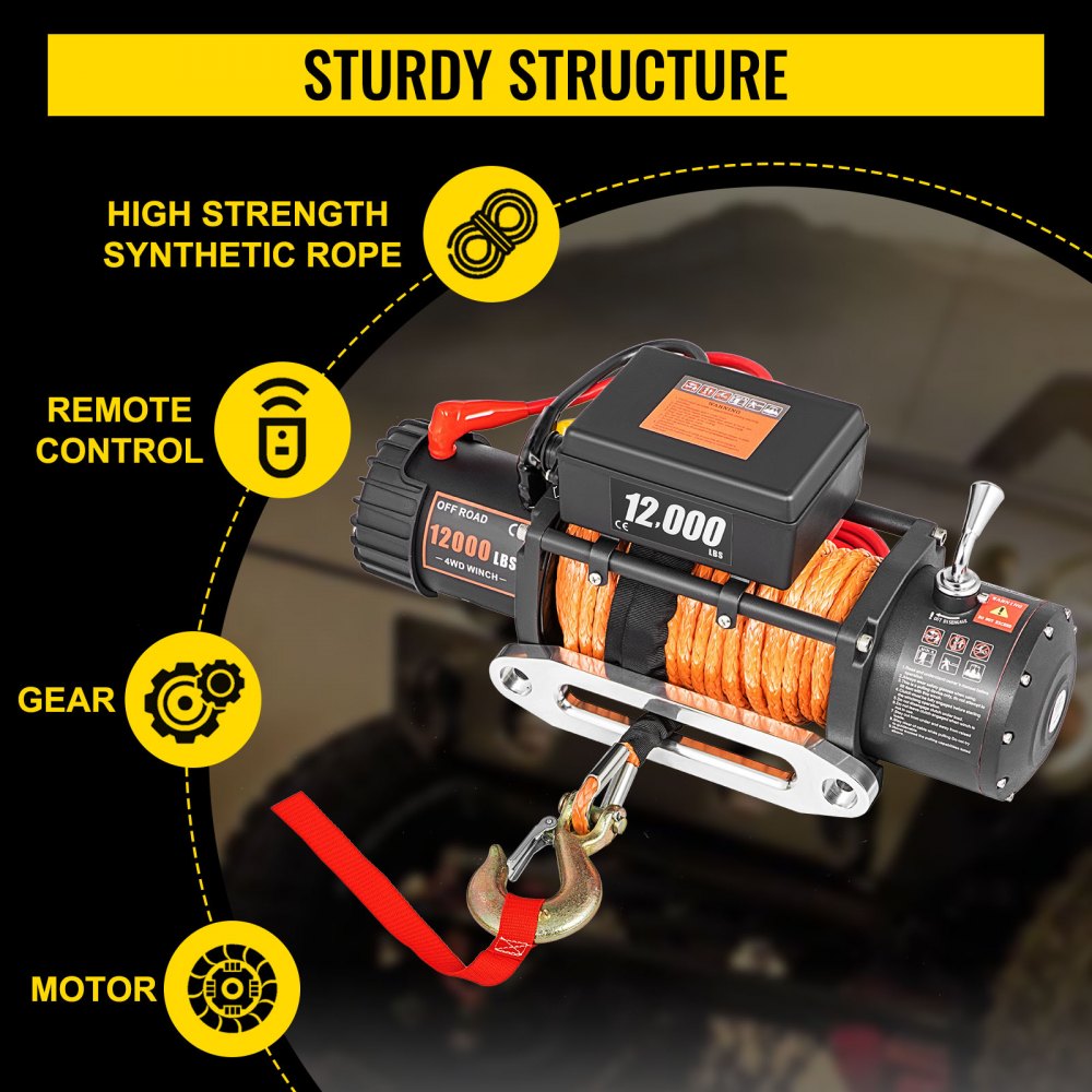 VEVOR 12V Electric Winch 12000 LBS Synthetic Rope 9MM X 24M Orange ATV/UTV Winch