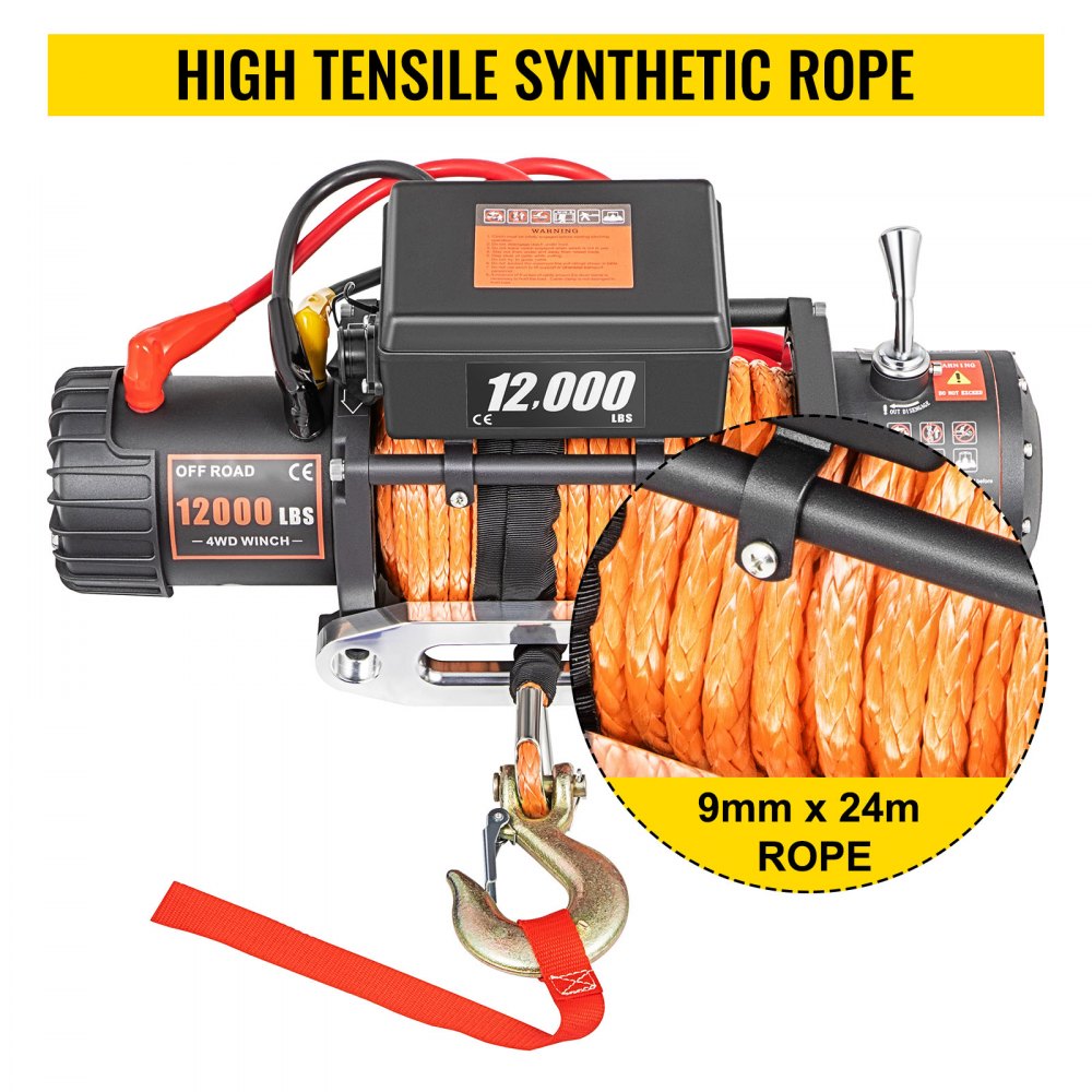 VEVOR 12V Electric Winch 12000 LBS Synthetic Rope 9MM X 24M Orange ATV/UTV Winch