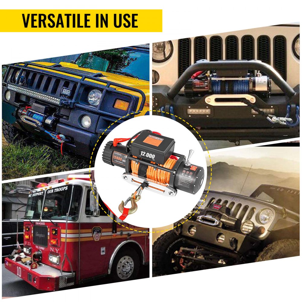 VEVOR 12V Electric Winch 12000 LBS Synthetic Rope 9MM X 24M Orange ATV/UTV Winch