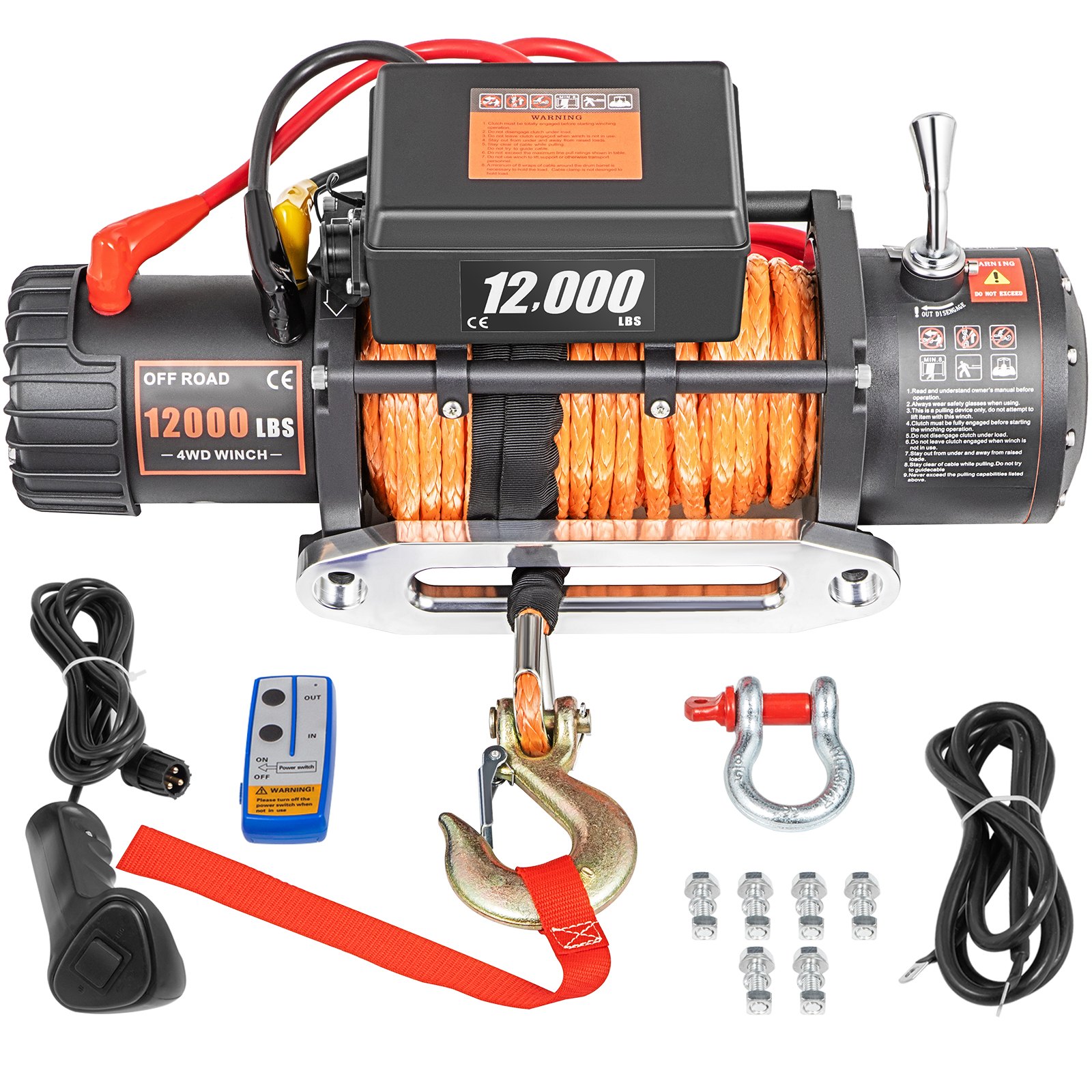 VEVOR 12V Electric Winch 12000 LBS Synthetic Rope 9MM X 24M Orange ATV/UTV Winch