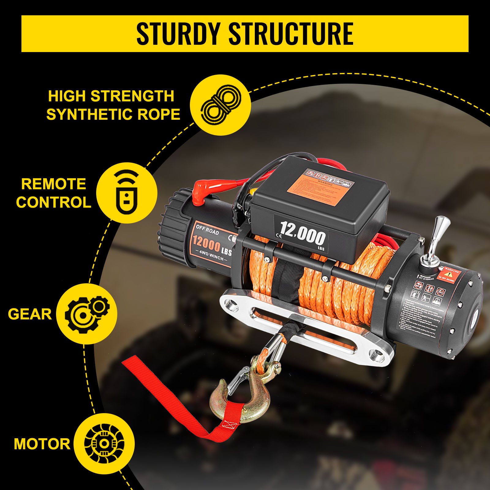 VEVOR 12V Electric Winch 12000 LBS Synthetic Rope 9MM X 24M Orange ATV/UTV Winch