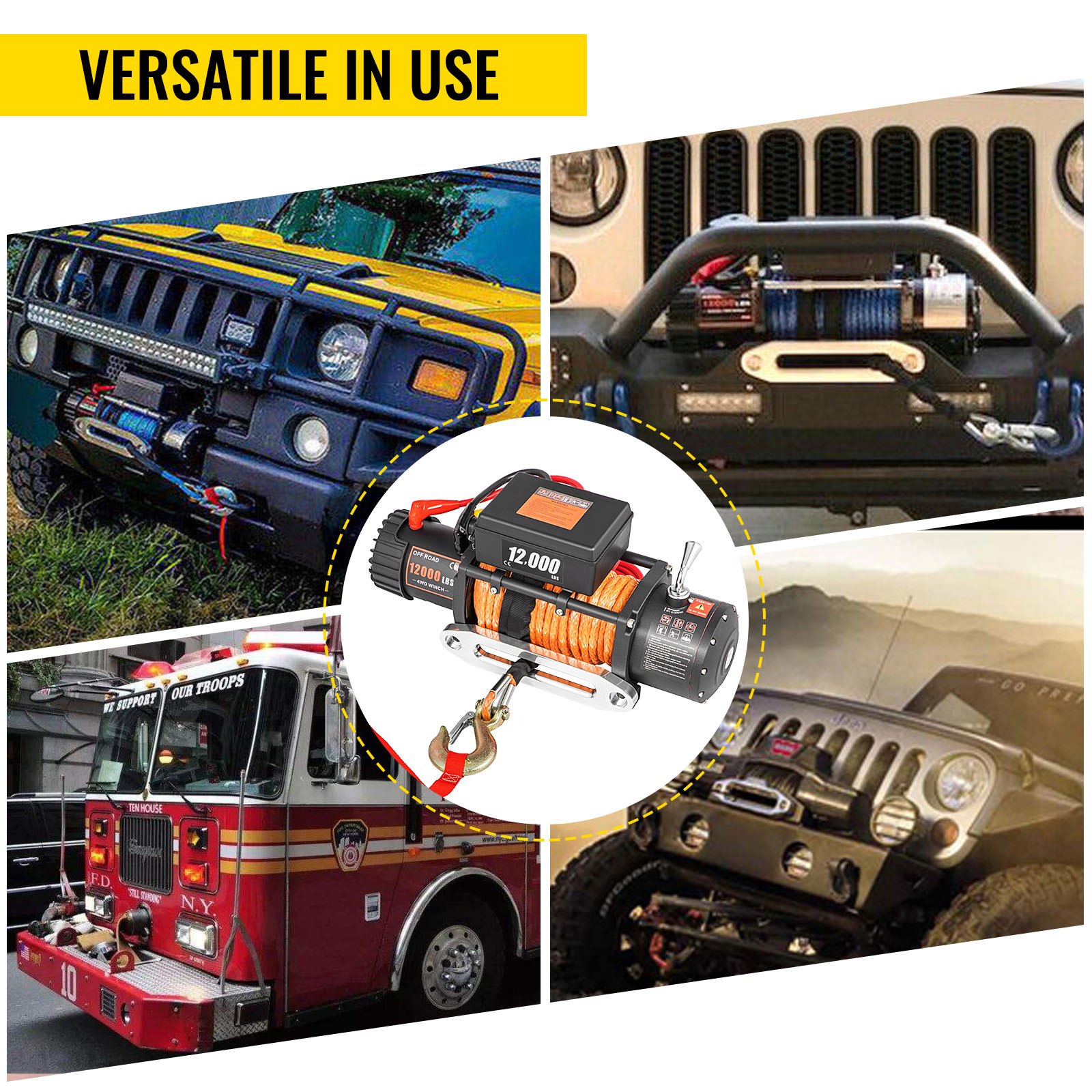 VEVOR 12V Electric Winch 12000 LBS Synthetic Rope 9MM X 24M Orange ATV/UTV Winch