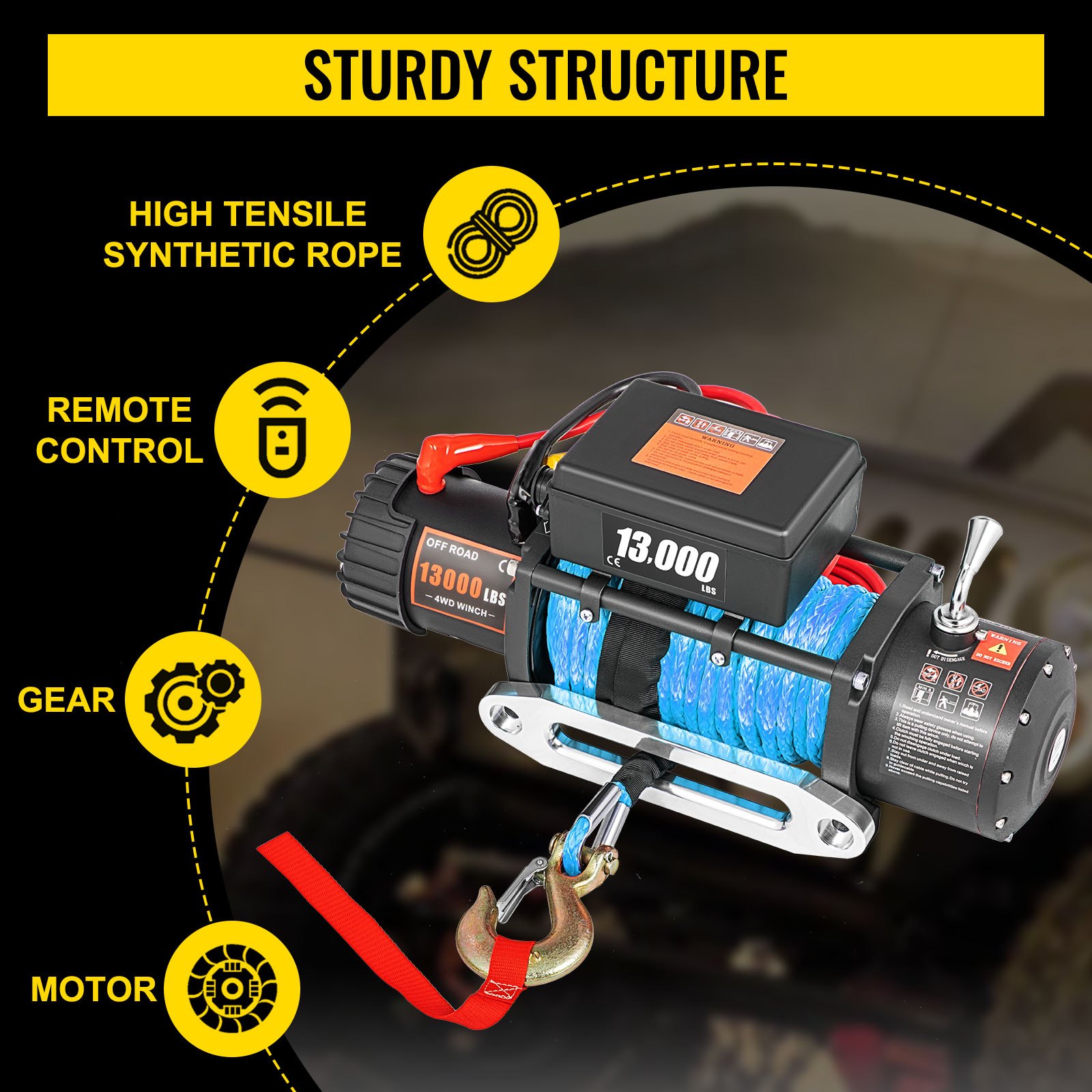 VEVOR 12V Electric Winch 13000 LBS Synthetic Rope 9MM X 24M 265:1 ATV/UTV Winch