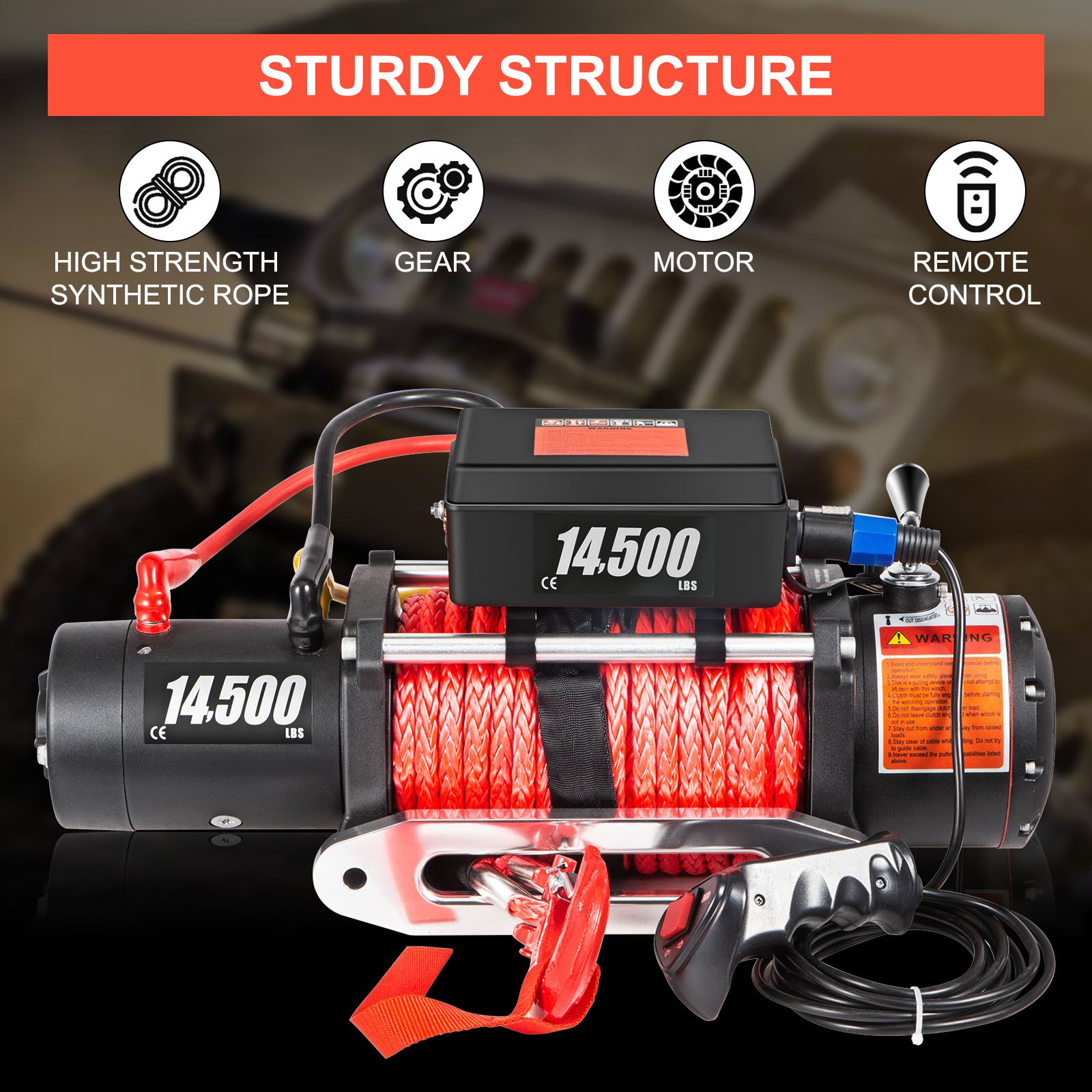 VEVOR 12V Electric Winch 14500LBS Synthetic Rope 9.5MMX26M Wireless ATV Winch