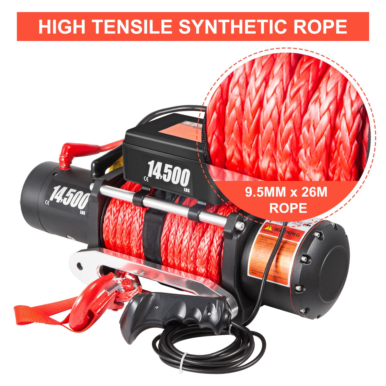 VEVOR 12V Electric Winch 14500LBS Synthetic Rope 9.5MMX26M Wireless ATV Winch