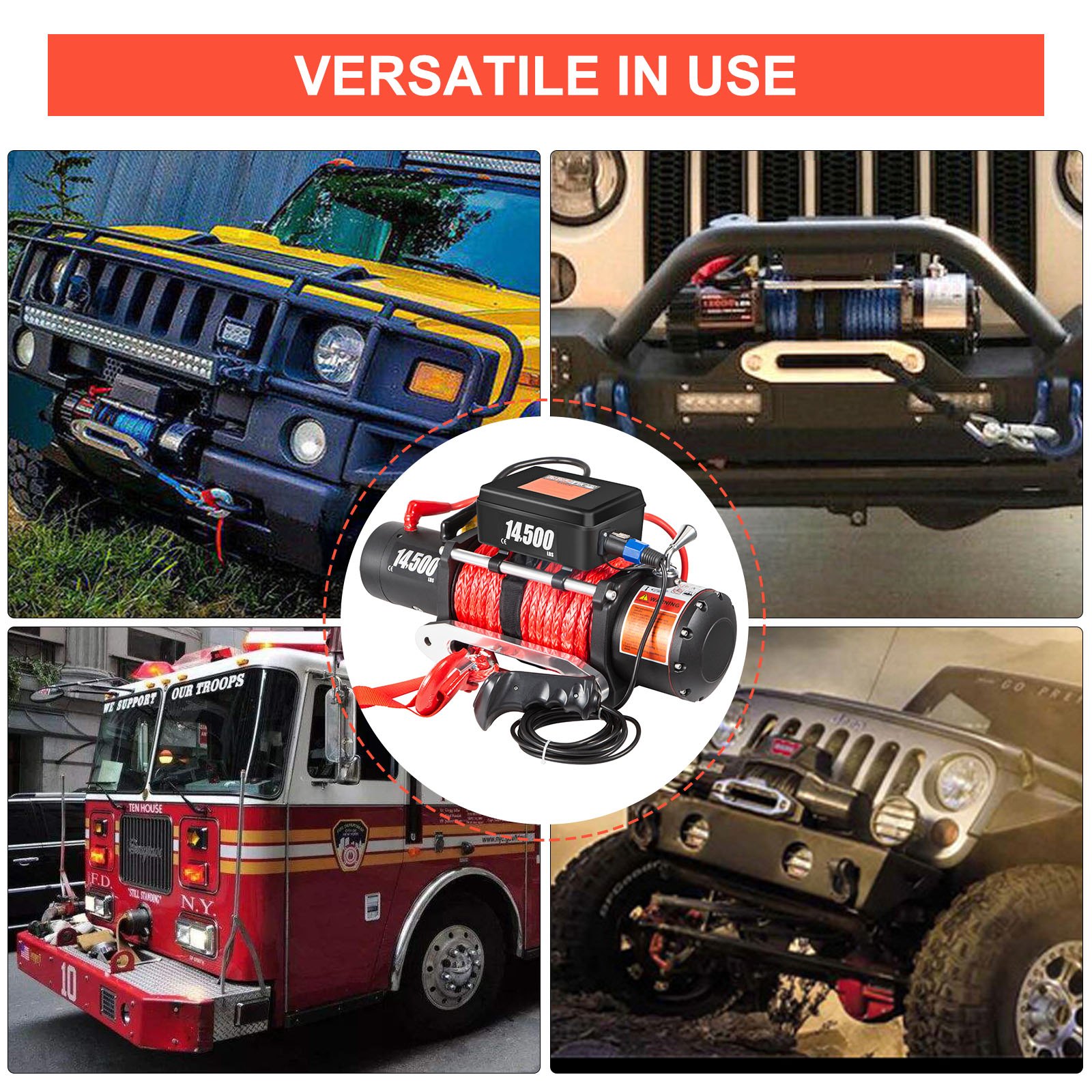 VEVOR 12V Electric Winch 14500LBS Synthetic Rope 9.5MMX26M Wireless ATV Winch