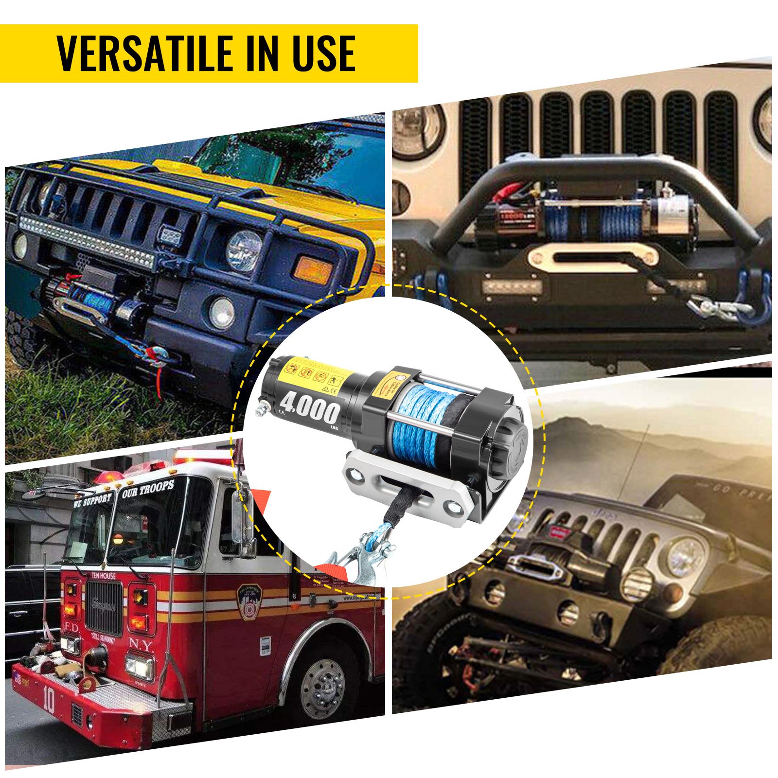 VEVOR 12V Electric Winch 4000LBS Synthetic Rope 6MMX10M Wireless ATV 4WD Winch