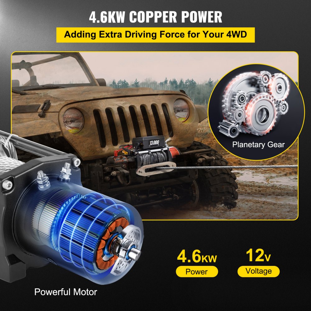 VEVOR Electric Winch 13000lb Load Capacity Truck Winch Compatible with Jeep Truck SUV 65ft/20m Synthetic Rope 12V Power Winch with Wireless Remote Control, Powerful Motor for ATV UTV Off Road Trailer