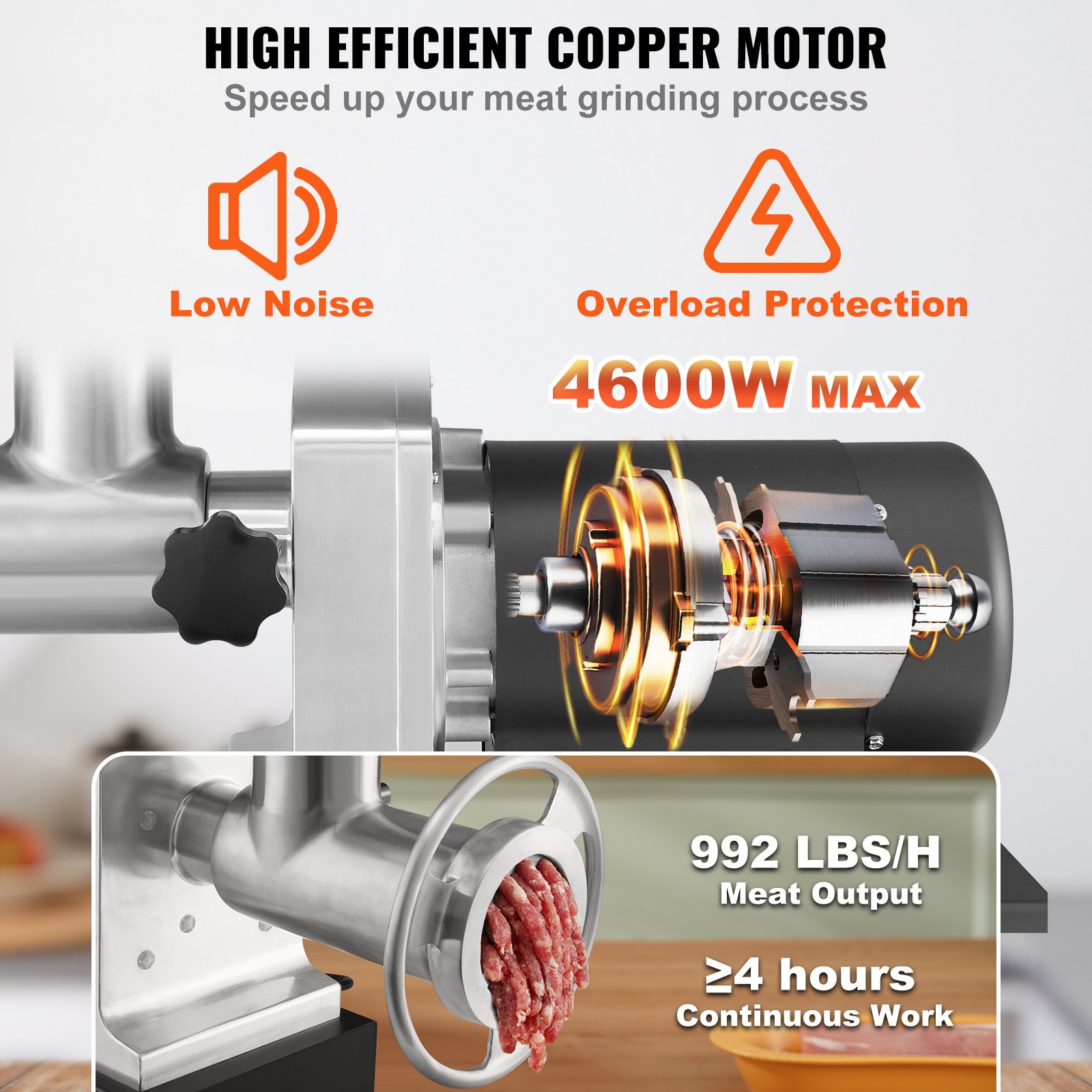 VEVOR Electric Meat Grinder, 992 Lb/H Capacity, 1100W (4600W MAX) Industrial Meat Mincer with 2 Blade, 3 Grinding Plates, Sausage Maker & Kubbe Kit Carbon Steel Commercial Meat Grinder, ETL Listed