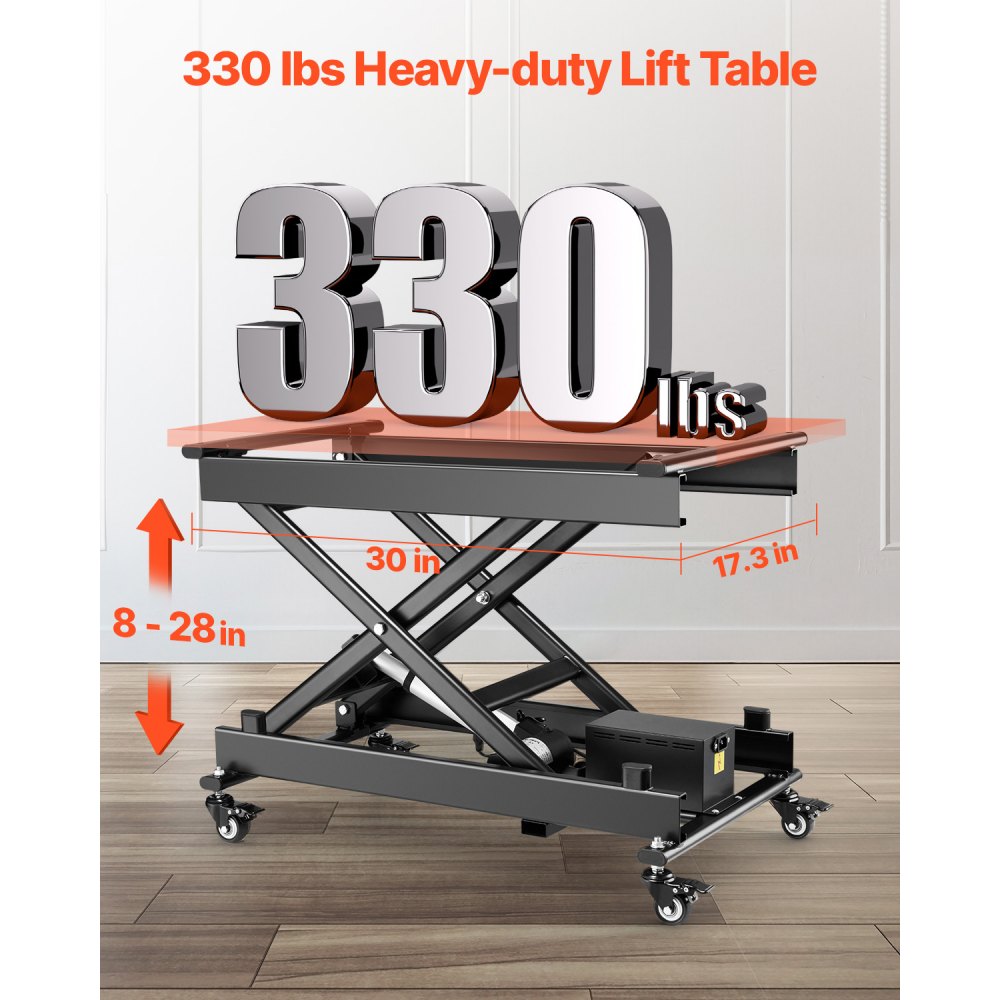 VEVOR Electric Lift Table, 330 lbs Capacity Single Scissor Lift Table, 8 - 28 in Height Adjustable Lifting Platform, Coffee Table lift with 4 Wheels, for Material Handling and Transportation, Black