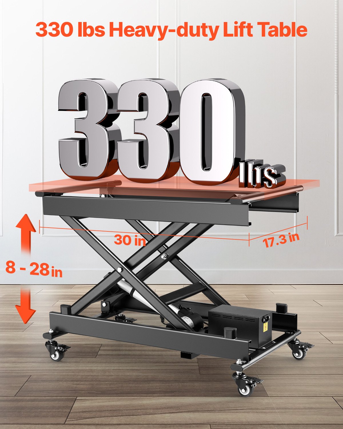VEVOR Electric Lift Table, 330 lbs Capacity Single Scissor Lift Table, 8 - 28 in Height Adjustable Lifting Platform, Coffee Table lift with 4 Wheels, for Material Handling and Transportation, Black