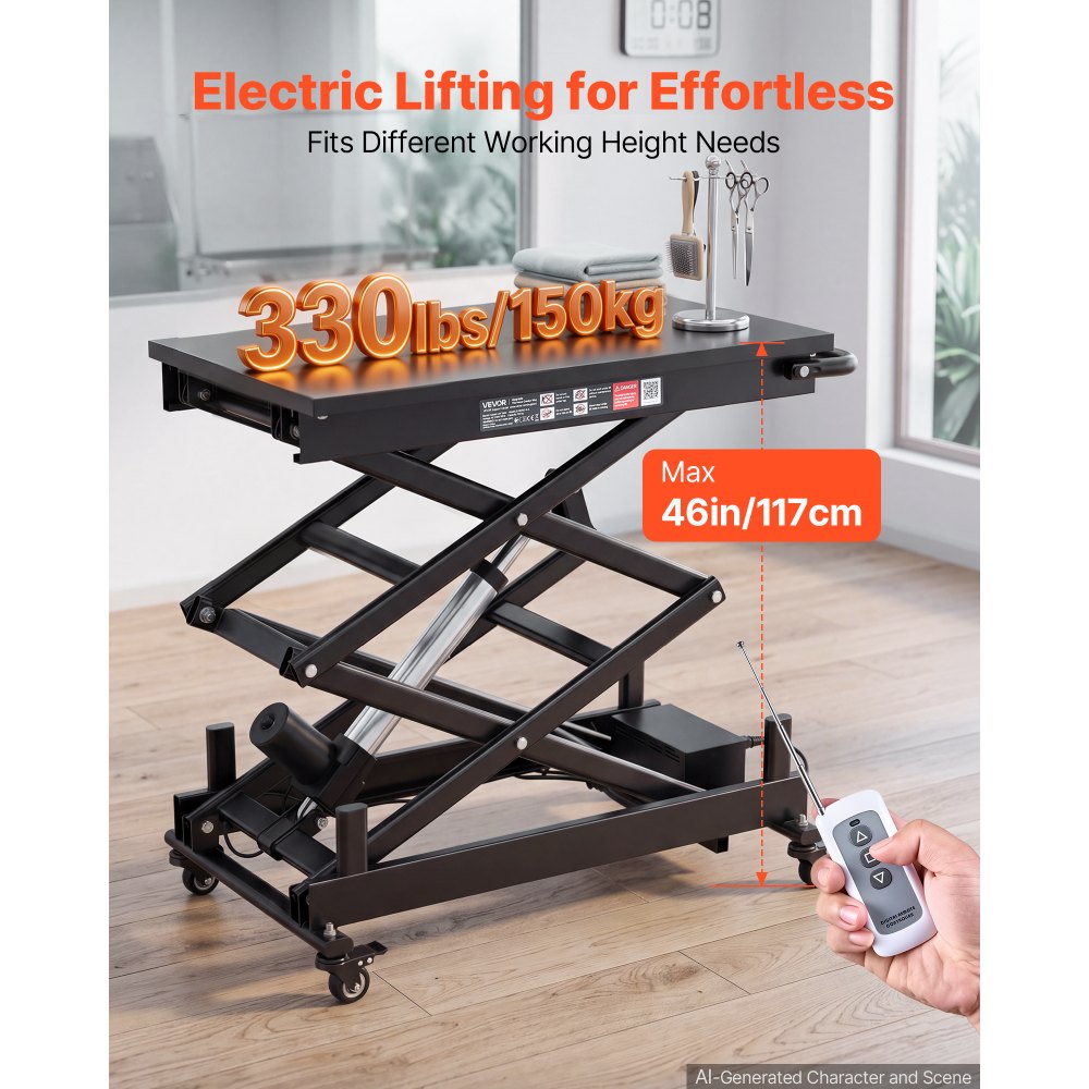 VEVOR Electric Lift Table, 150 kg Capacity Double Scissor Lifting Table, for Material Handling, Moving, Transportation, 1090 mm Max. Height Adjustable Lift Platform, 4 Swivel Casters with Brakes