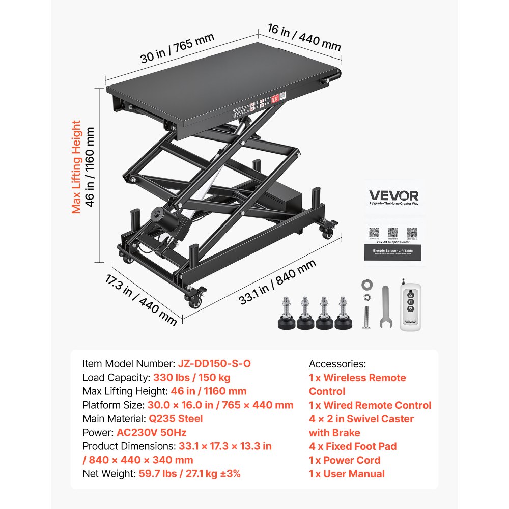 VEVOR Electric Lift Table, 150 kg Capacity Double Scissor Lifting Table, for Material Handling, Moving, Transportation, 1090 mm Max. Height Adjustable Lift Platform, 4 Swivel Casters with Brakes
