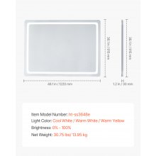 VEVOR LED Bathroom Mirror 3 Colors Anti-fog Wall Mounted Vanity Mirror 36" x 48"