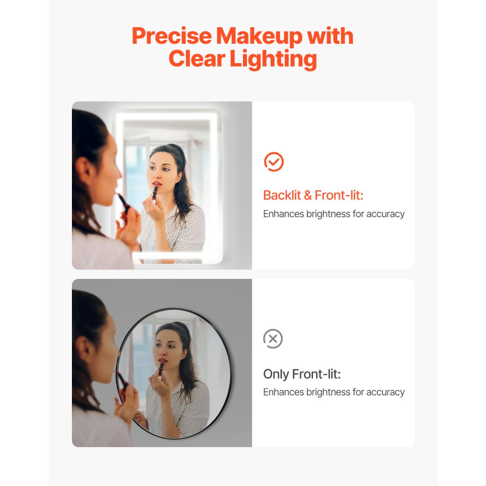 VEVOR LED Bathroom Mirror, 50 x 70 cm LED Bathroom Vanity Mirror with Frontlit and Backlit, Anti-Fog Memory Mirror with Lights, Stepless 3 Colors Temperature Dimmable Bathroom Mirror, Wall Mounted