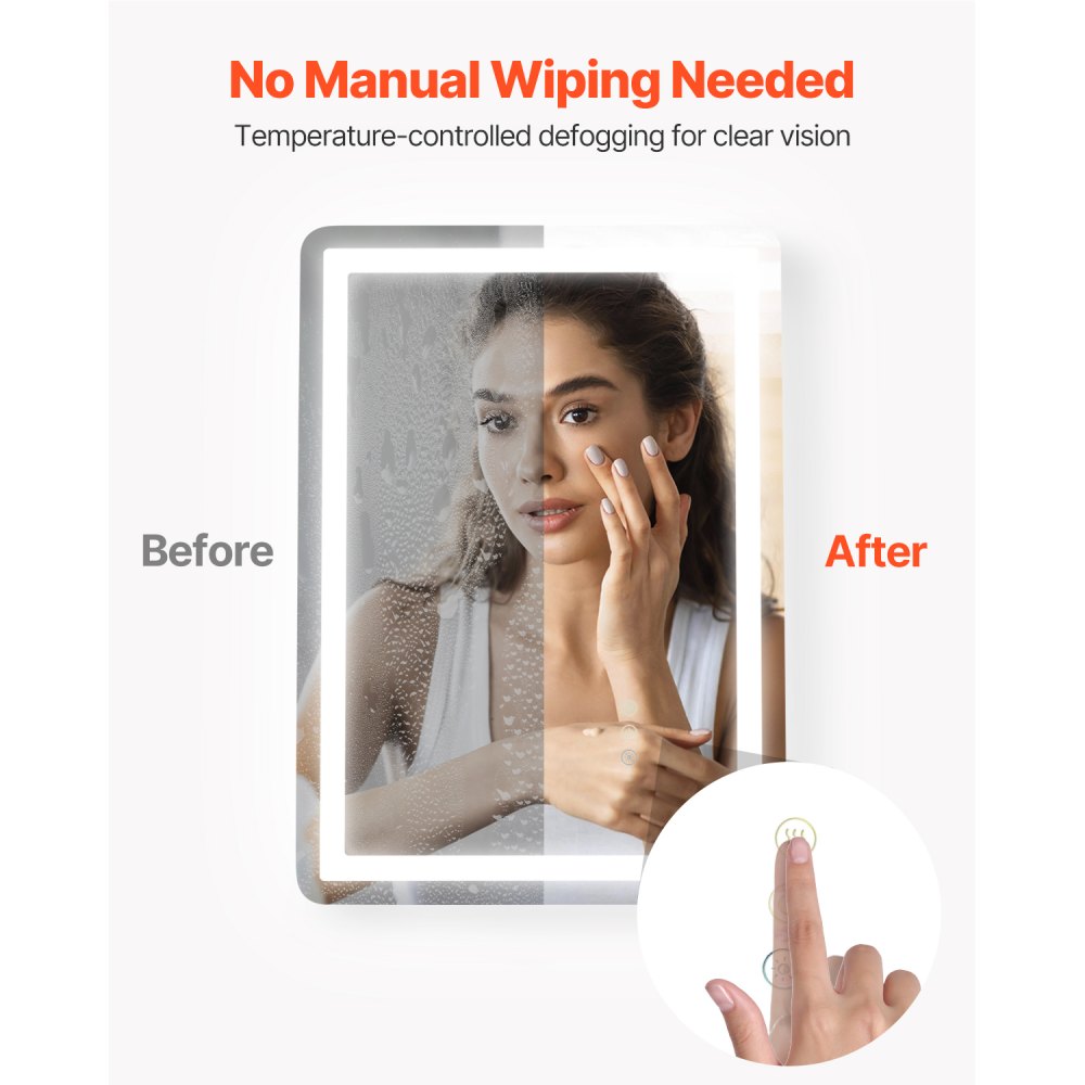VEVOR LED Bathroom Mirror, 50 x 70 cm LED Bathroom Vanity Mirror with Frontlit and Backlit, Anti-Fog Memory Mirror with Lights, Stepless 3 Colors Temperature Dimmable Bathroom Mirror, Wall Mounted