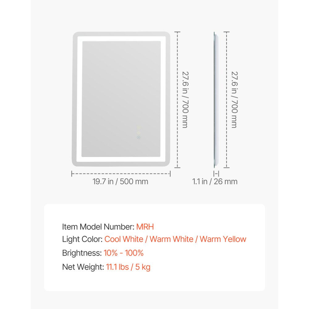 VEVOR LED Bathroom Mirror, 50 x 70 cm LED Bathroom Vanity Mirror with Frontlit and Backlit, Anti-Fog Memory Mirror with Lights, Stepless 3 Colors Temperature Dimmable Bathroom Mirror, Wall Mounted