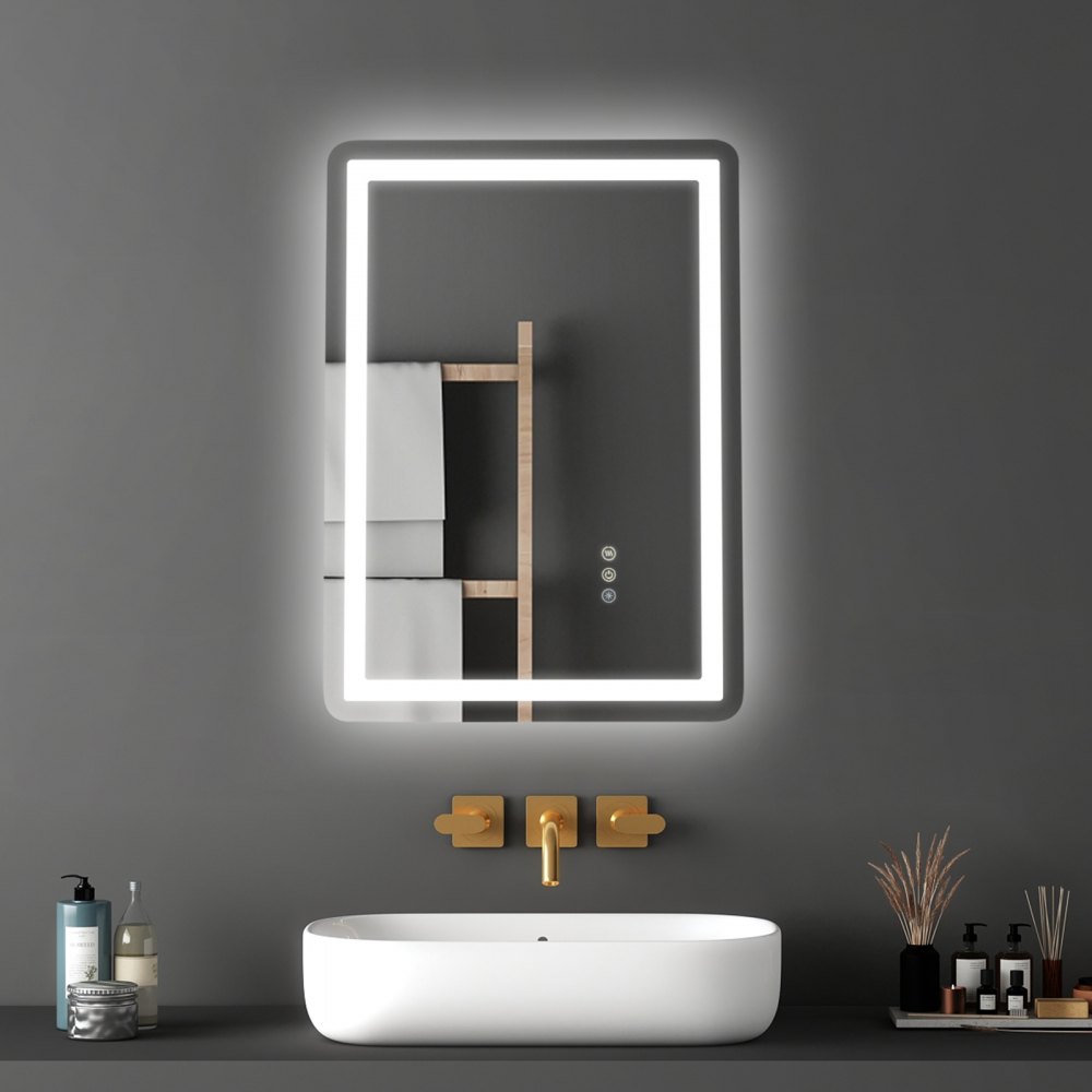VEVOR LED Bathroom Mirror, 50 x 70 cm LED Bathroom Vanity Mirror with Frontlit and Backlit, Anti-Fog Memory Mirror with Lights, Stepless 3 Colors Temperature Dimmable Bathroom Mirror, Wall Mounted