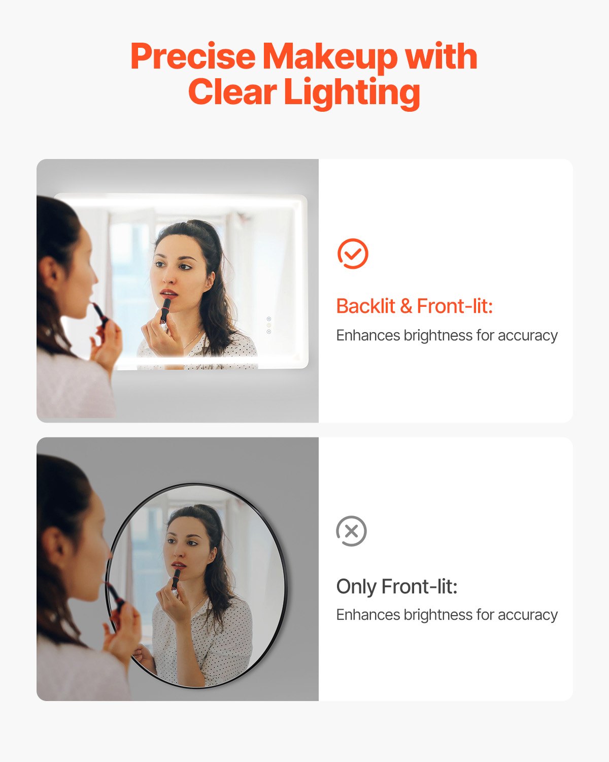 VEVOR LED Bathroom Mirror, 70 x 100 cm LED Bathroom Vanity Mirror with Frontlit and Backlit, Anti-Fog Memory Mirror with Lights, Stepless 3 Colors Temperature Dimmable Bathroom Mirror, Wall Mounted