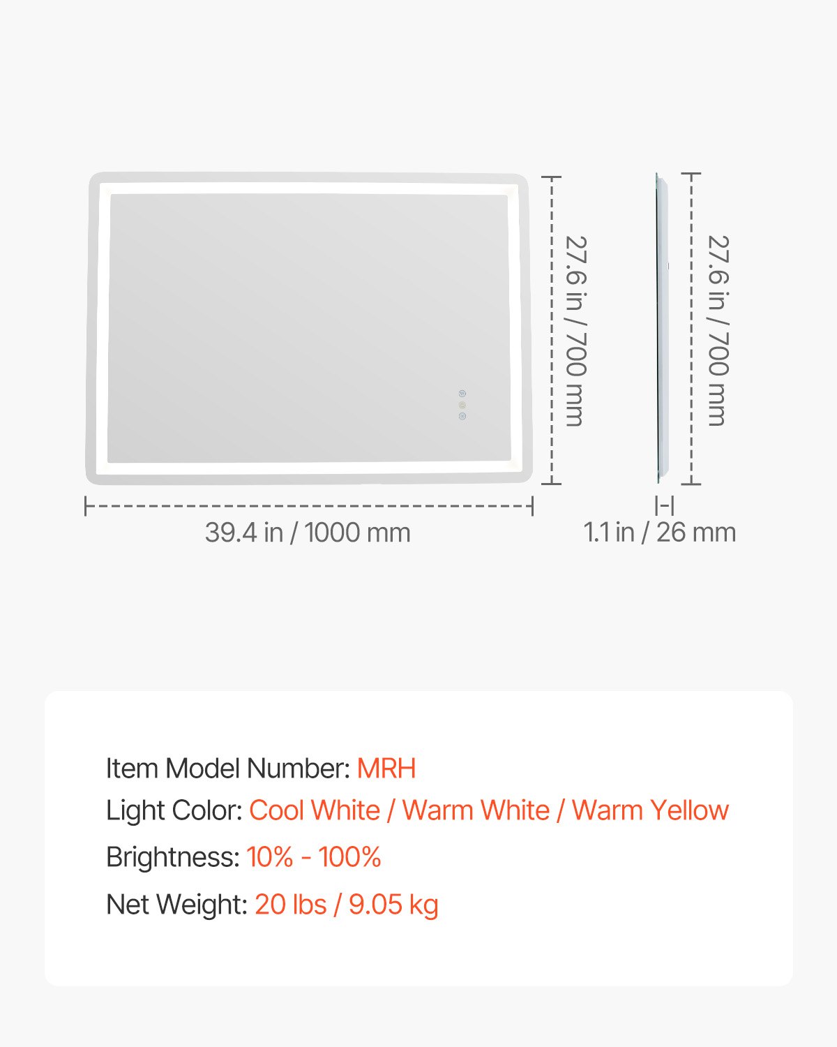 VEVOR LED Bathroom Mirror, 70 x 100 cm LED Bathroom Vanity Mirror with Frontlit and Backlit, Anti-Fog Memory Mirror with Lights, Stepless 3 Colors Temperature Dimmable Bathroom Mirror, Wall Mounted