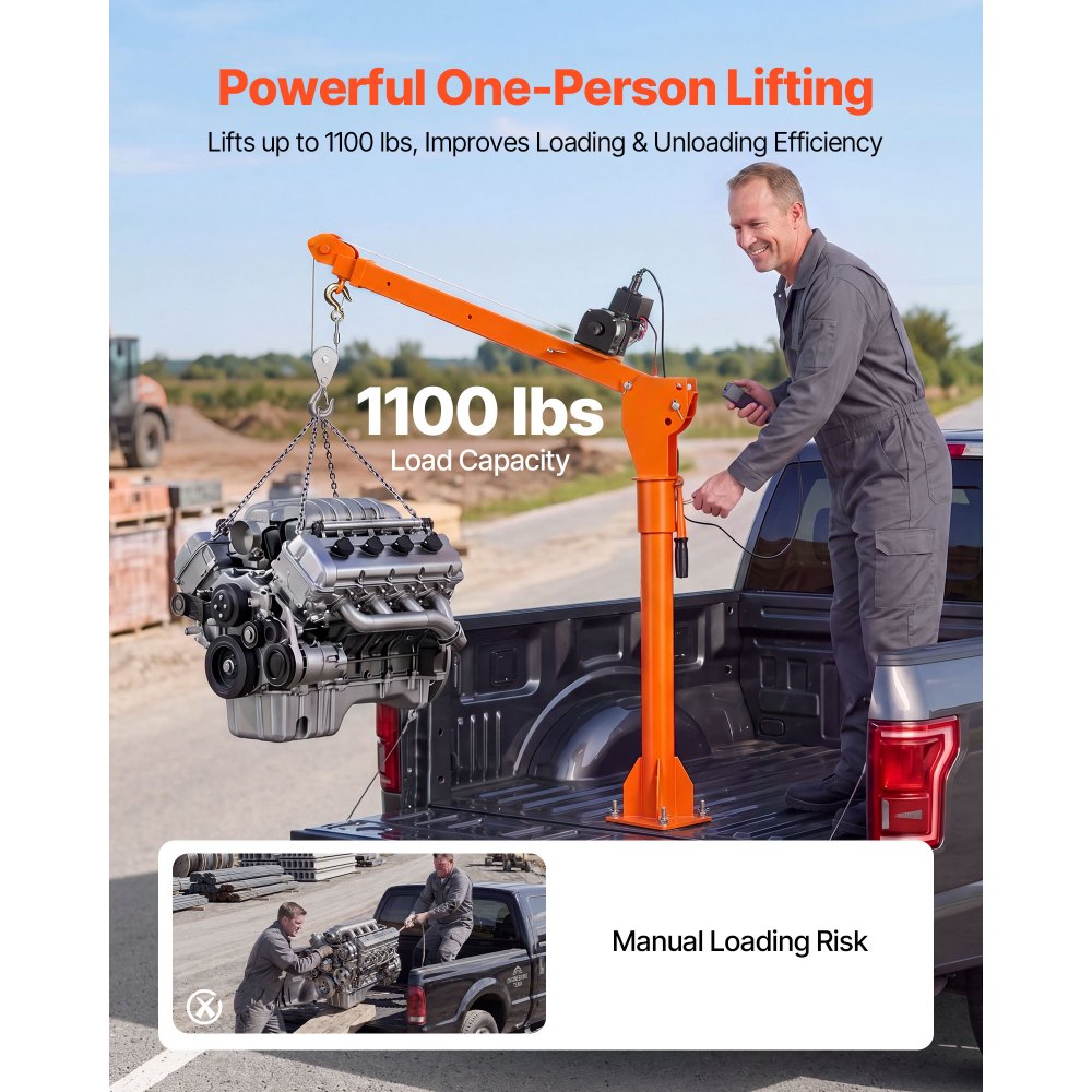 VEVOR Electric Truck Crane, 499 kg Pickup Truck Crane with 12V Electric Winch, 360° Rotating Telescopic Boom, Premium Galvanized Steel, Foldable Pickup Bed Jib for Machine Lumber Attic Lifting