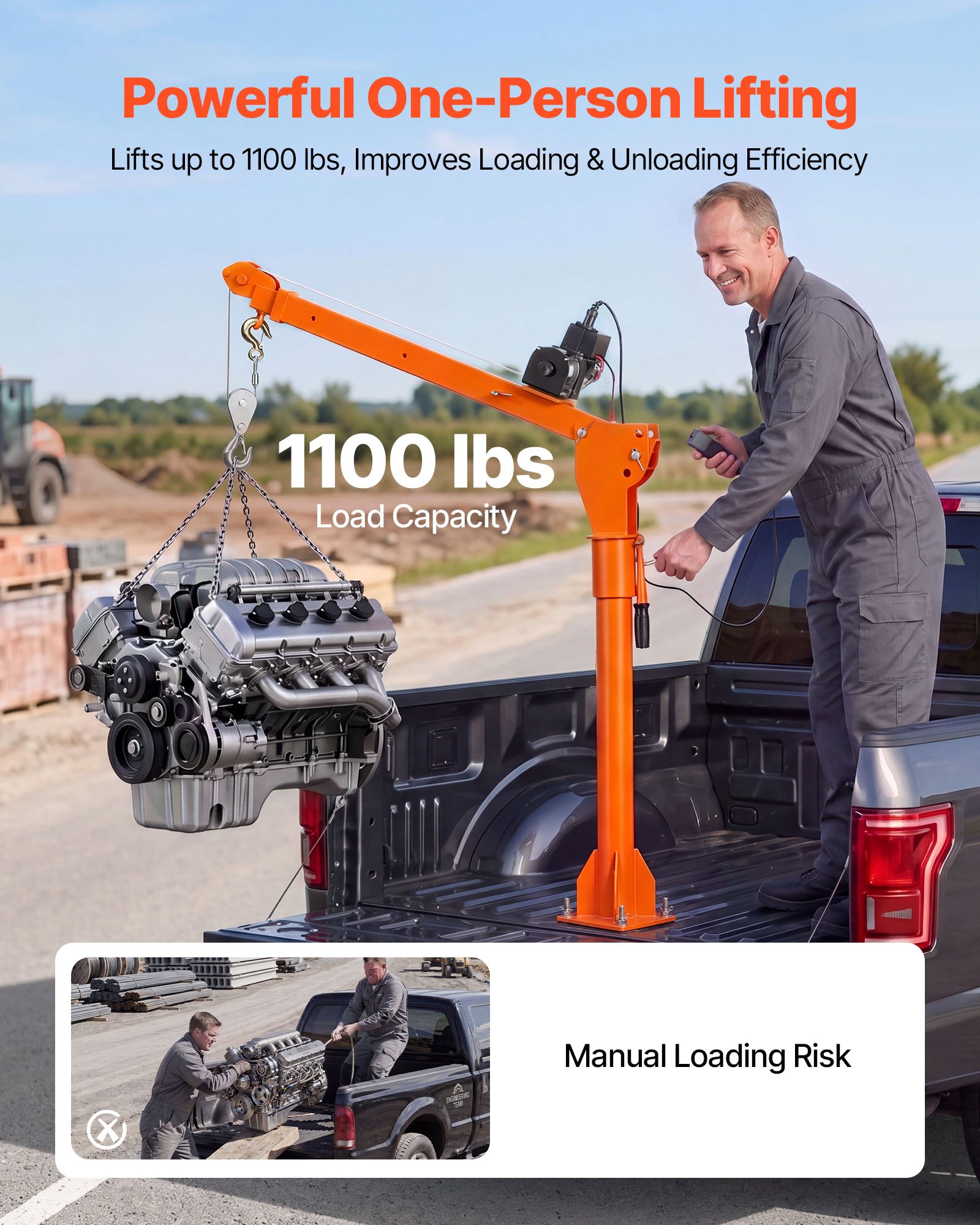 VEVOR Electric Truck Crane, 499 kg Pickup Truck Crane with 12V Electric Winch, 360° Rotating Telescopic Boom, Premium Galvanized Steel, Foldable Pickup Bed Jib for Machine Lumber Attic Lifting