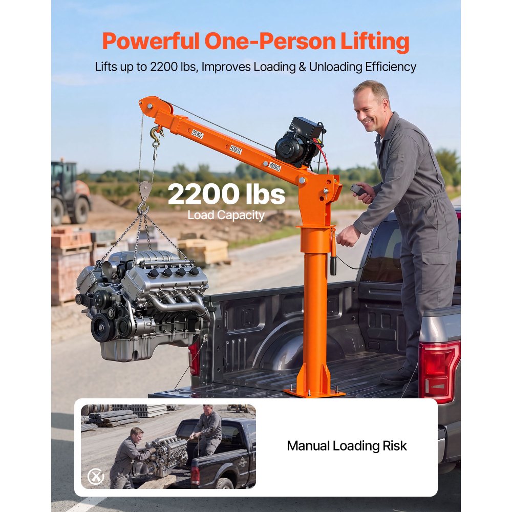VEVOR Electric Truck Crane, 2200 lbs Pickup Truck Crane with 12V 6000 lbs Electric Winch, 360° Rotating Telescopic Boom, Premium Galvanized Steel, Foldable Pickup Bed Jib for Machine Lumber Lifting