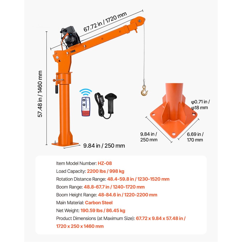 VEVOR Electric Truck Crane, 2200 lbs Pickup Truck Crane with 12V 6000 lbs Electric Winch, 360° Rotating Telescopic Boom, Premium Galvanized Steel, Foldable Pickup Bed Jib for Machine Lumber Lifting